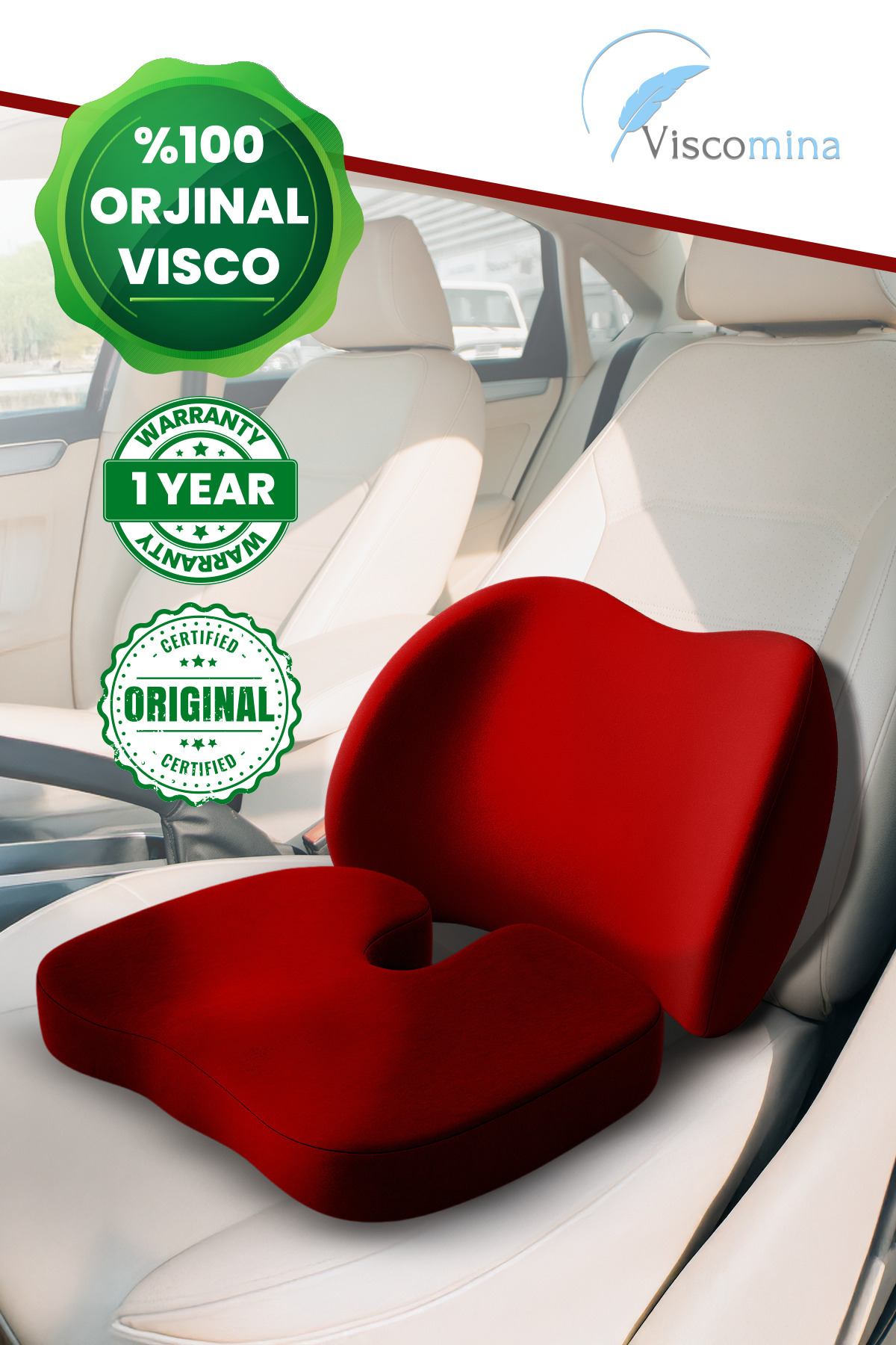 Viscomina Visco Araç Bel ve Oturma Minderi Seti Ortopedik Şoför Koltuğu Desteği Araba İçin Konfor Yastığı