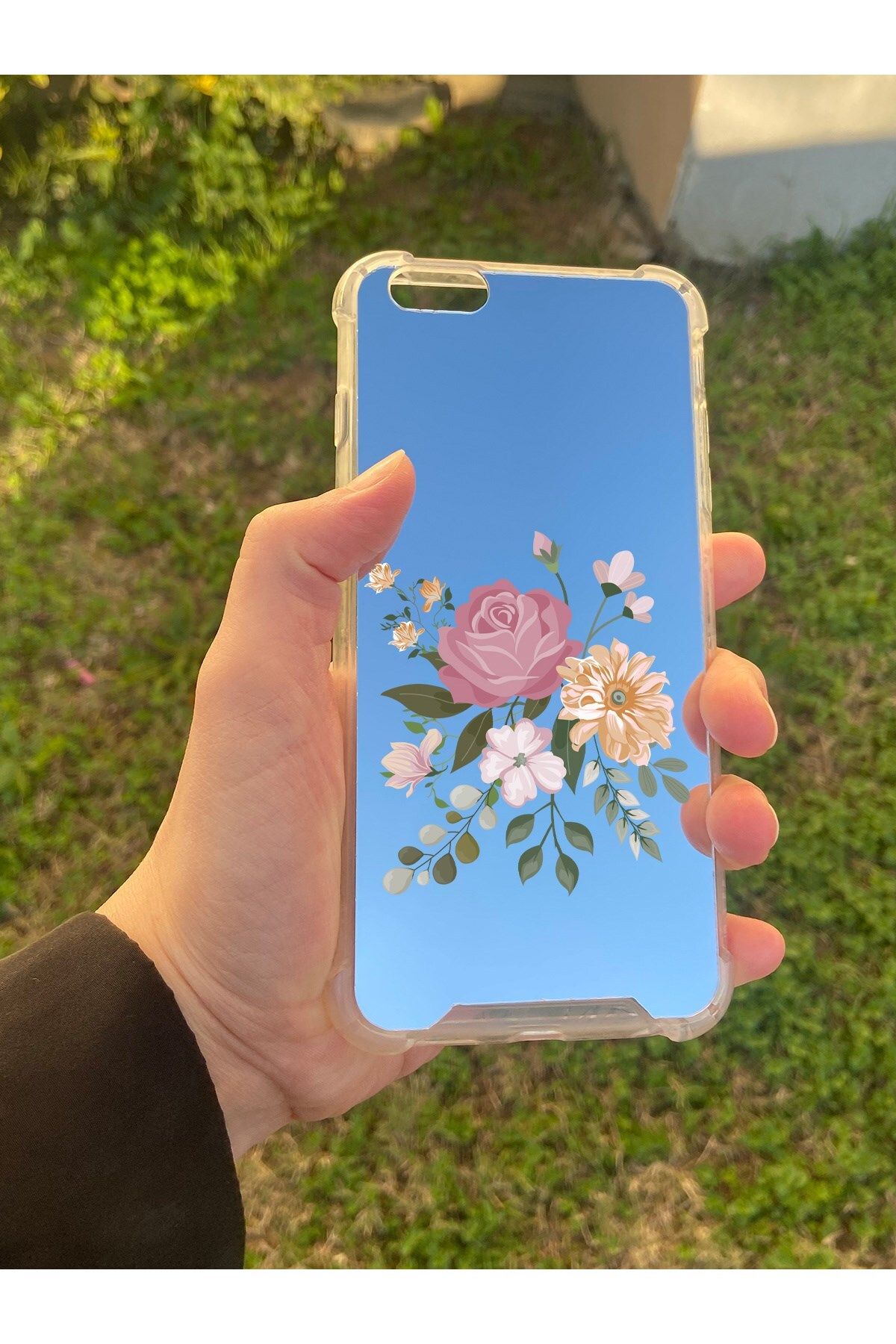 blueb İphone 6S Plus Uyumlu Aynalı Pembe Gül Desenli Darbe Kamera Korumalı Silikon Telefon Kılıfı