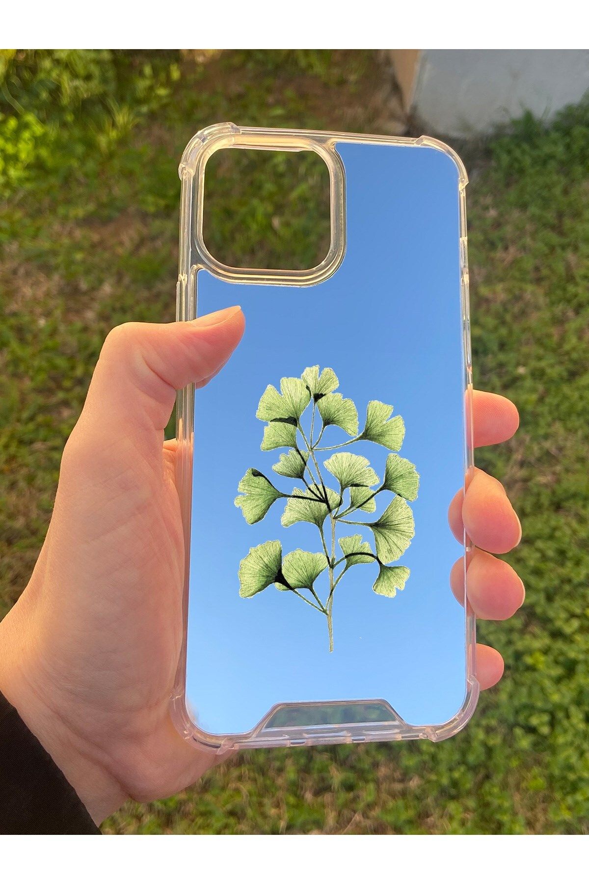 blueb İphone 15 Pro Max Uyumlu Aynalı Ginkgo Desenli Darbe Kamera Korumalı Silikon Telefon Kılıfı