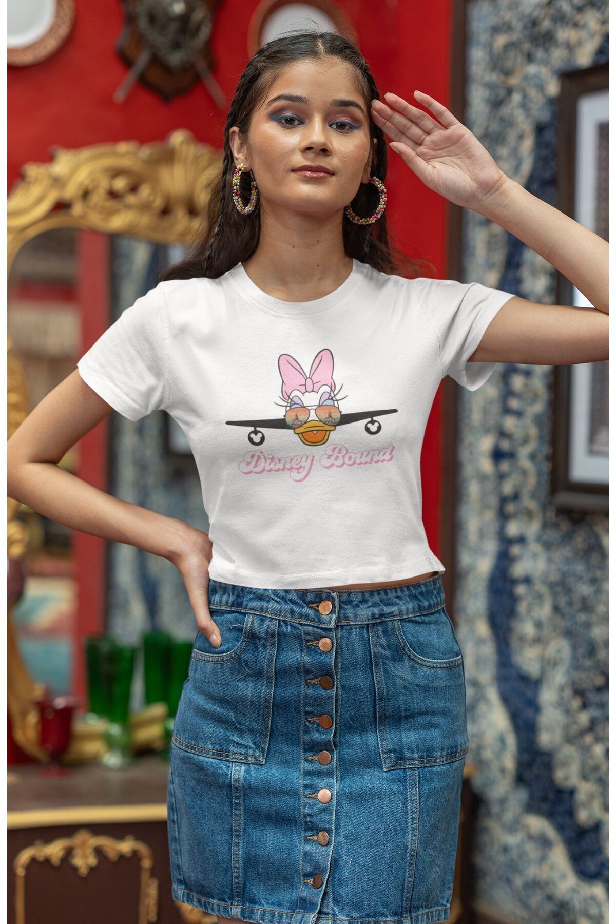 Fuddy Moda Daisy Duck Bound Baskılı Crop Top, Kadın Çizgi Film Temalı Crop Bluz