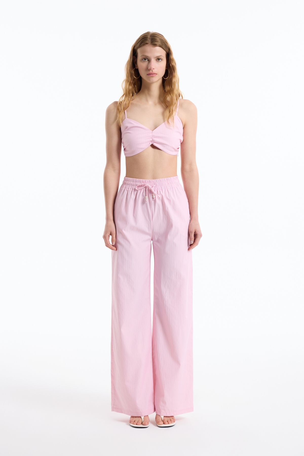 Quzu-Pink Beaded Strappy Striped Bustier Blouse 3