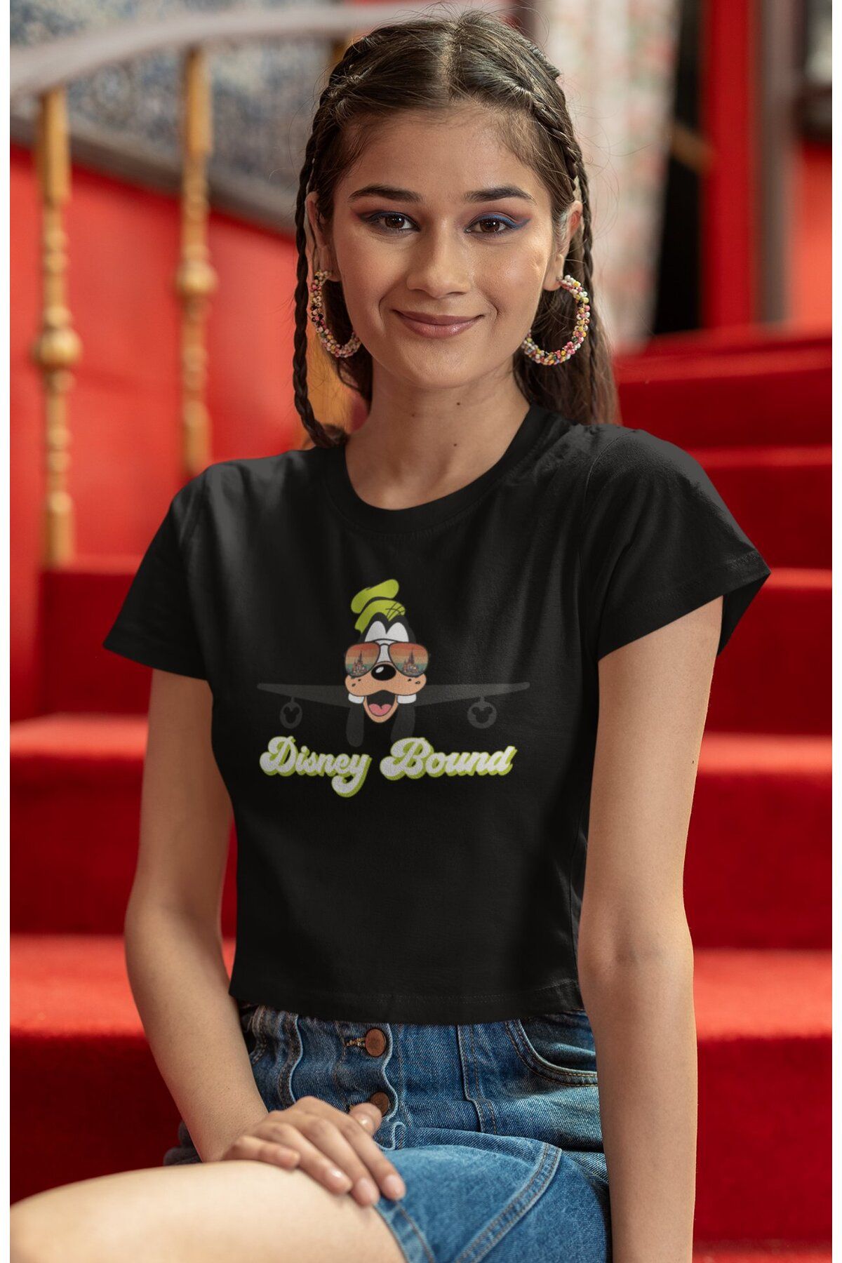 Fuddy Moda Goofy Bound Baskılı Crop Top, Kadın Çizgi Film Temalı Crop Bluz