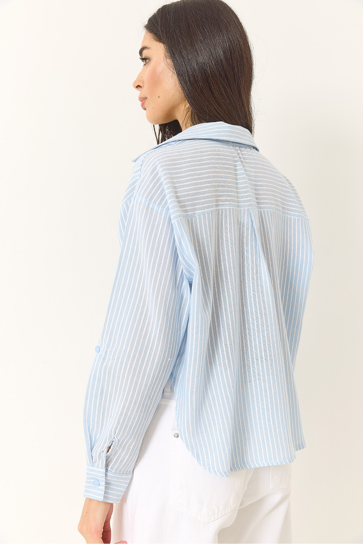 Bianco Lucci  Kadın İnce Çizgili Regular Pamuk Crop Gömlek 2039 60283204 - Görsel 6