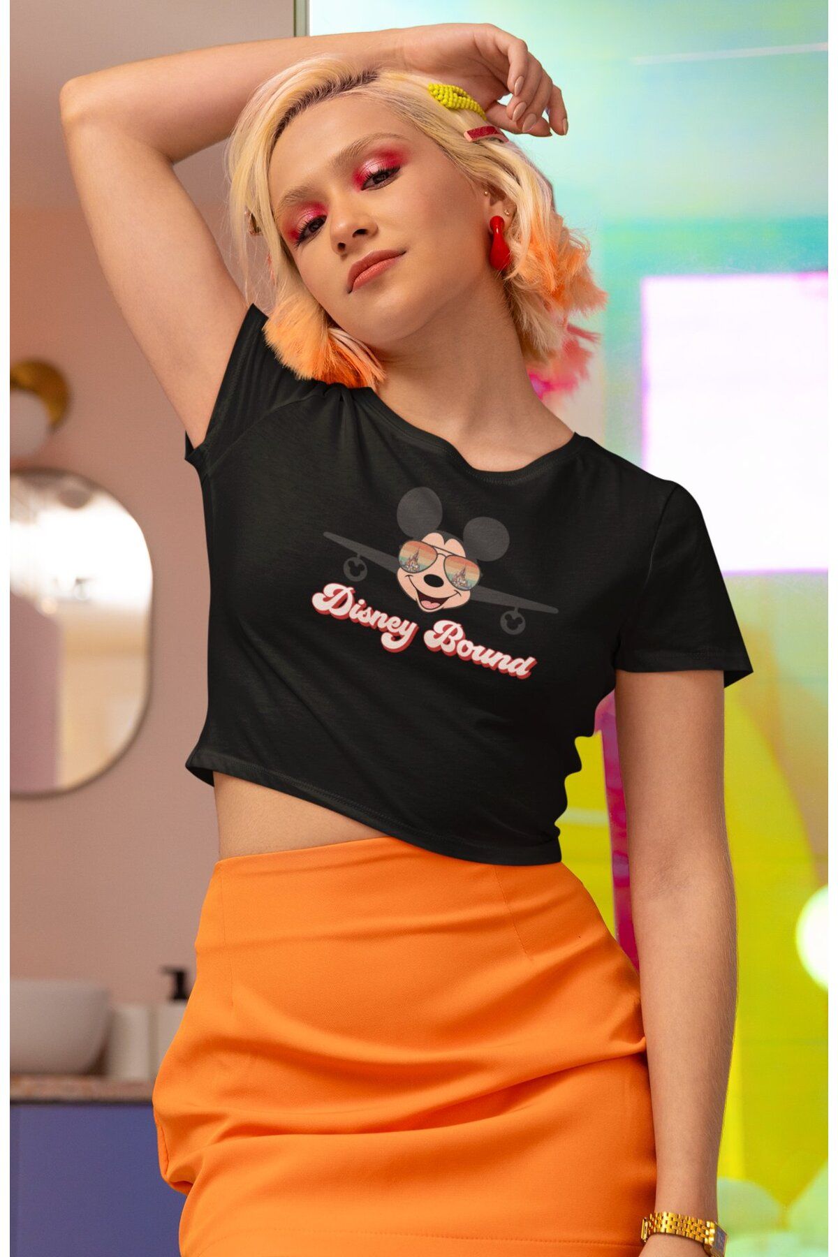 Fuddy Moda Mickeyy Bound Baskılı Crop Top, Kadın Çizgi Film Temalı Crop Bluz