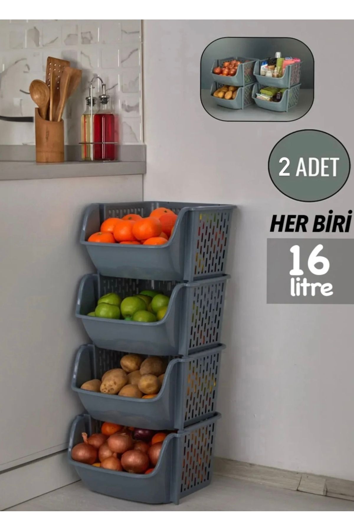 CEZVE HOME 2 Katlı Patates & Soğanlık, Katlı Sebzelik, Büyük Düzenleyici, Oyuncak Sepeti, Banyo Organizeri GRİ