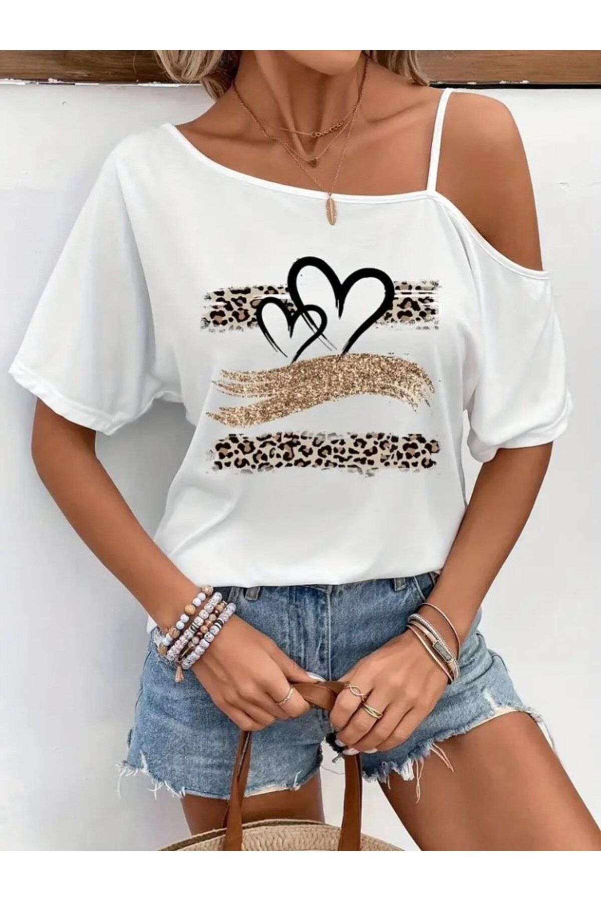 velmorafashion Kadın Tek Omuzu Açık Ip Askılı Baskılı Viskon Bluz