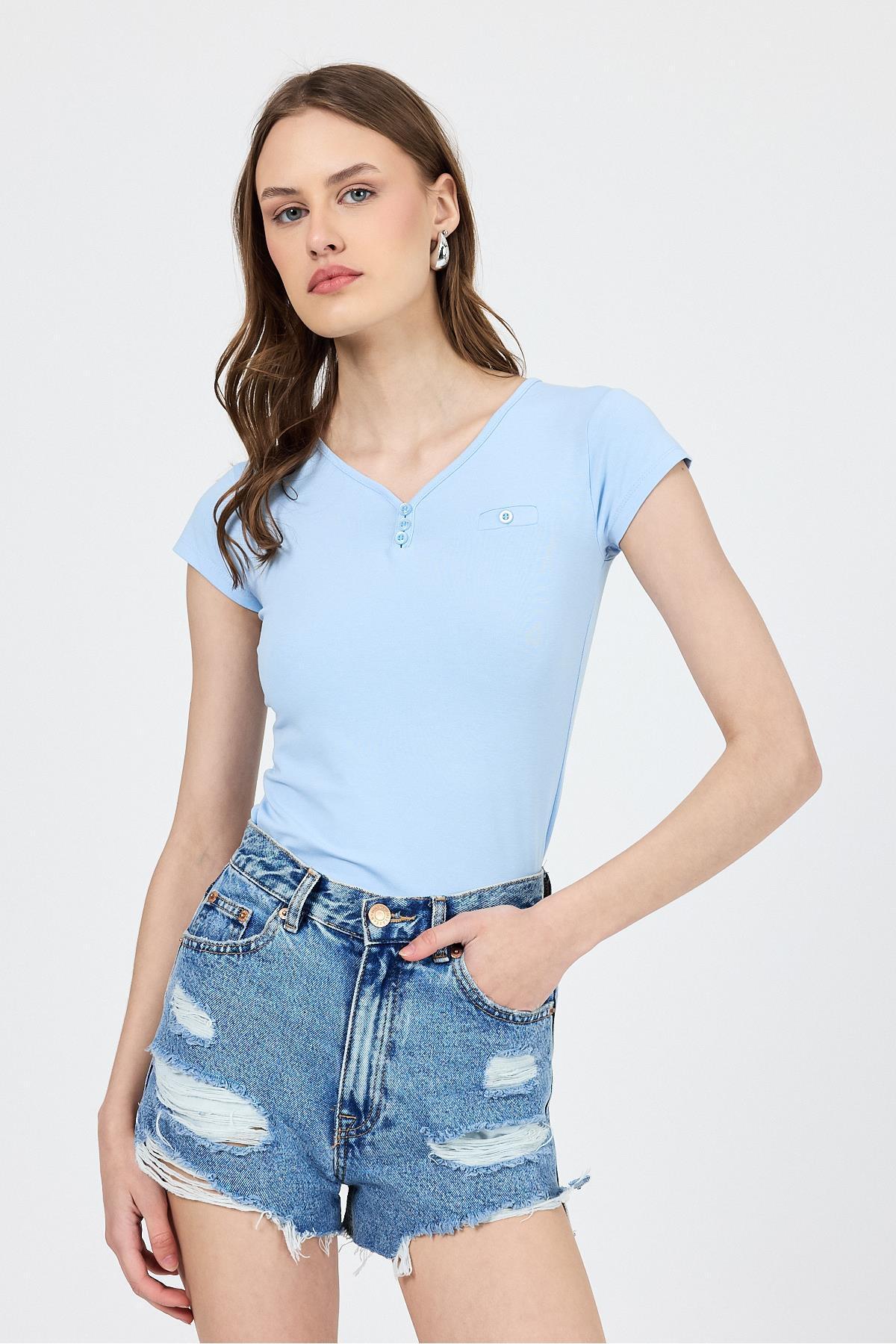 Rays-Blue V-Neck Buttoned Pocket Detailed Slim Fit T-Shirt 2213 6