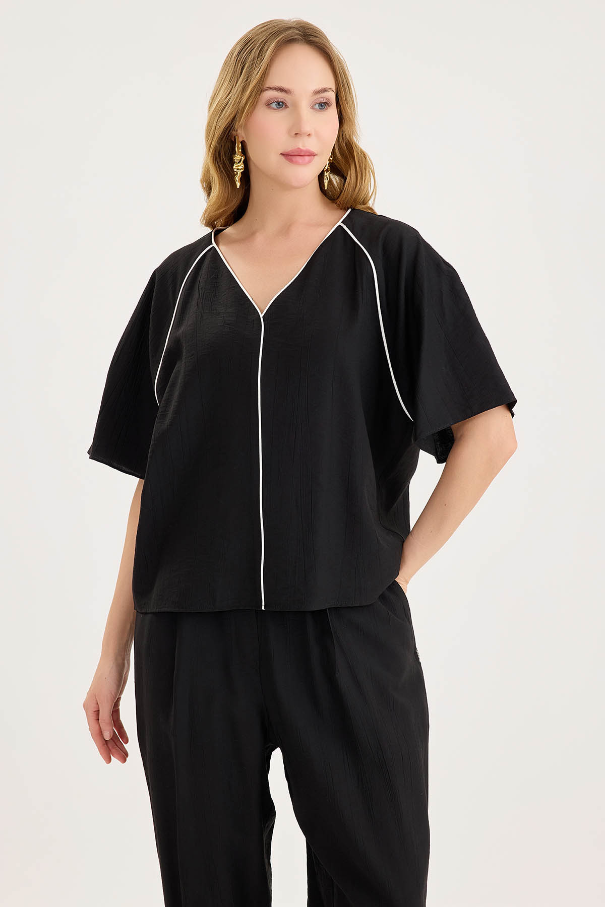 Vitrin-V-Neck Front Striped Short Sleeve Blouse 3
