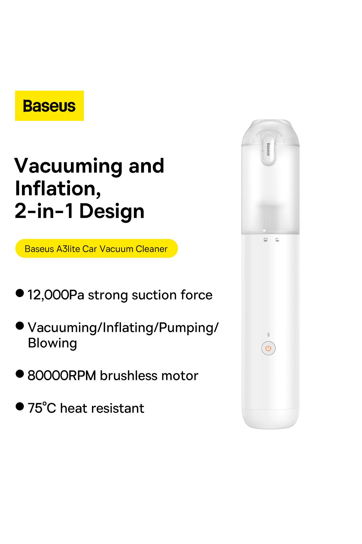Baseus-Baseus A3 Lite Car Vacuum Cleaner 3-in-1 12000Pa Cordless Air Blower, Inflator & Pump - White 2