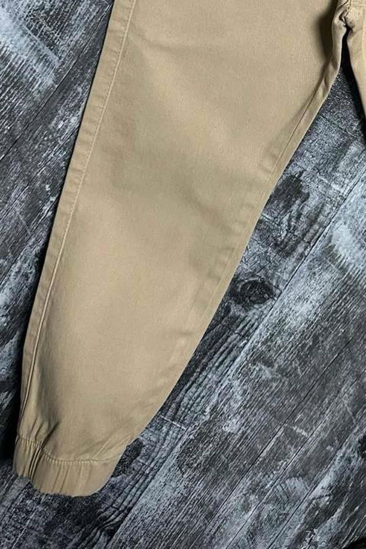 Riccotarz-Boy's Elastic Waist Rope Detailed Gabardine Jogger Cream Jeans 3