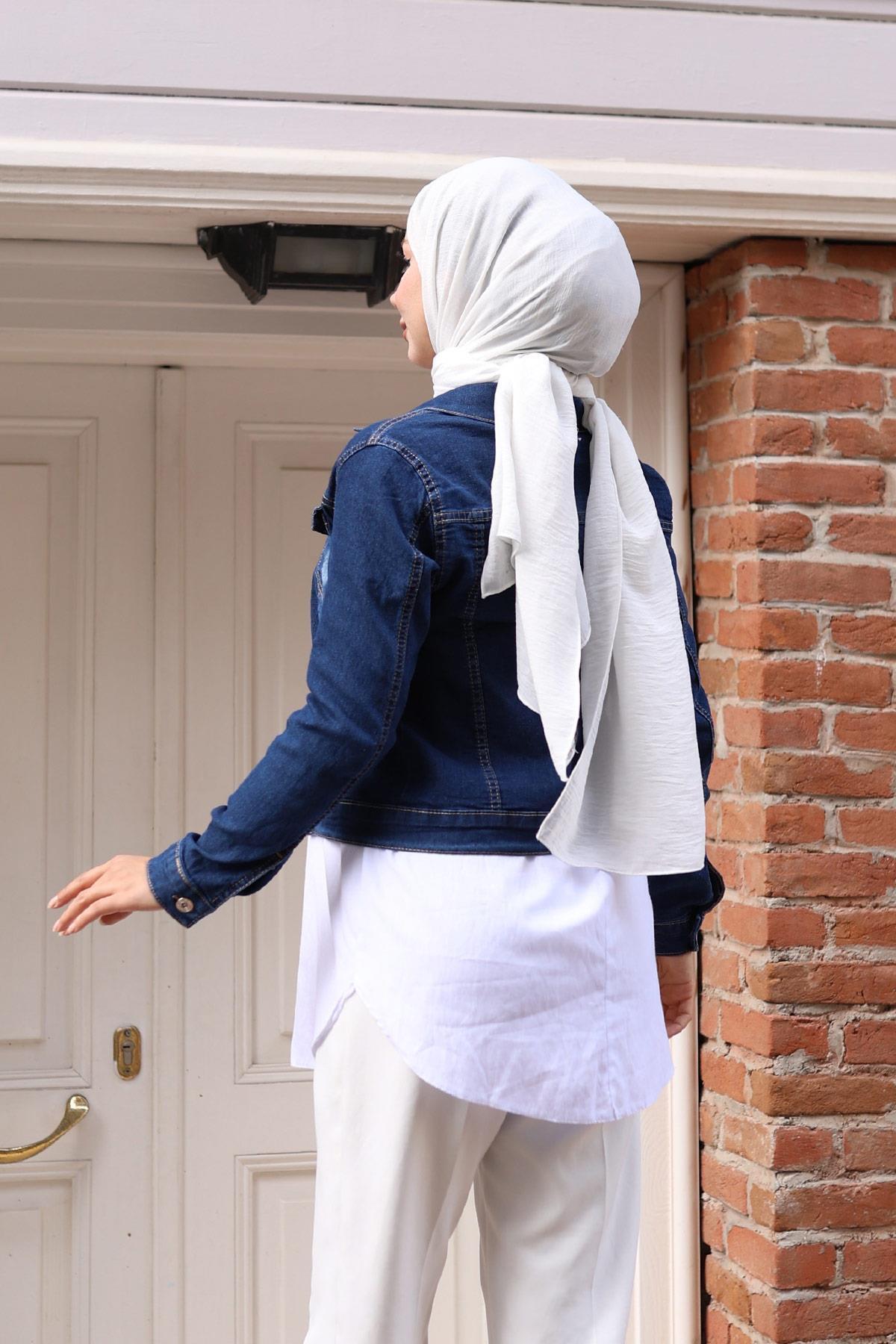 Modamihram-Buttoned Denim Jacket Dark Denim 6027 4