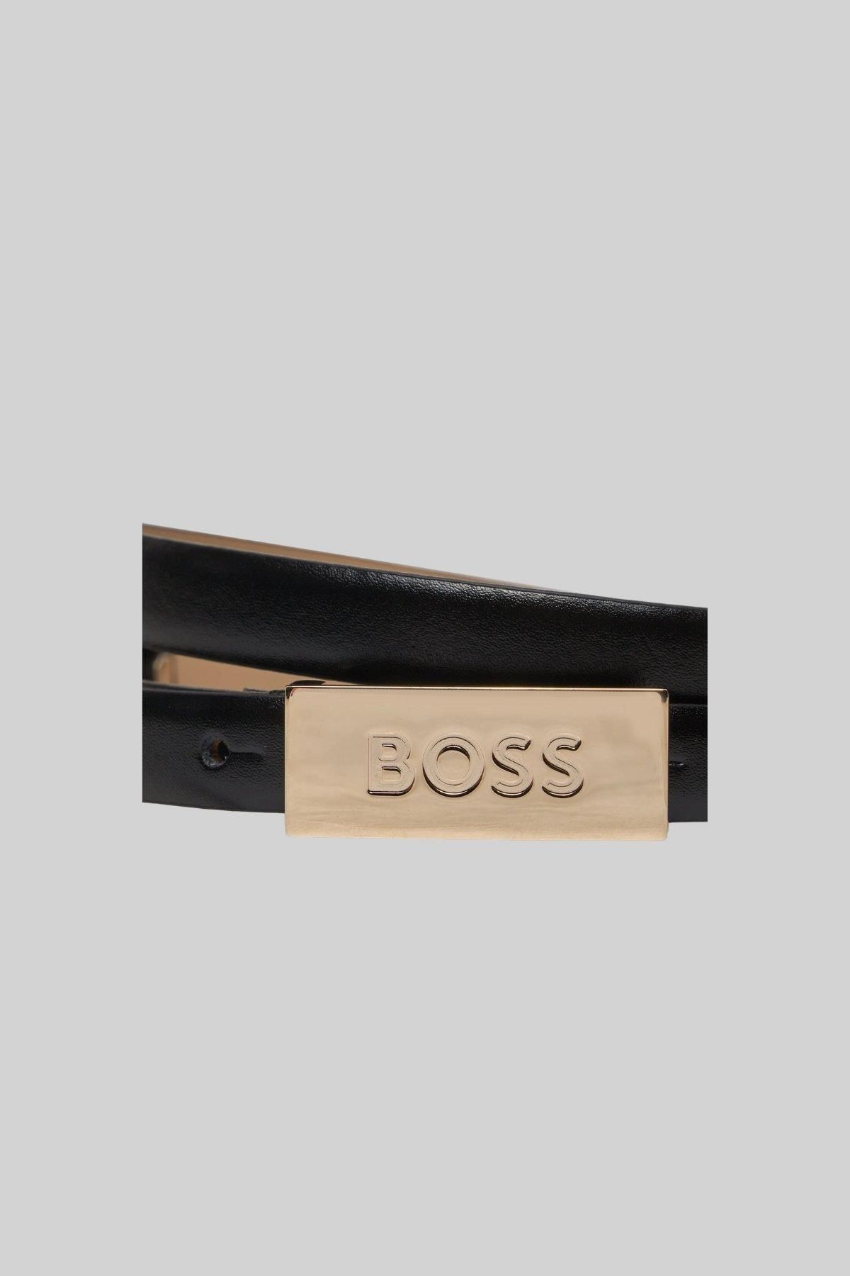 کمربند زنانه چرمی کهربا سیاه BOSS