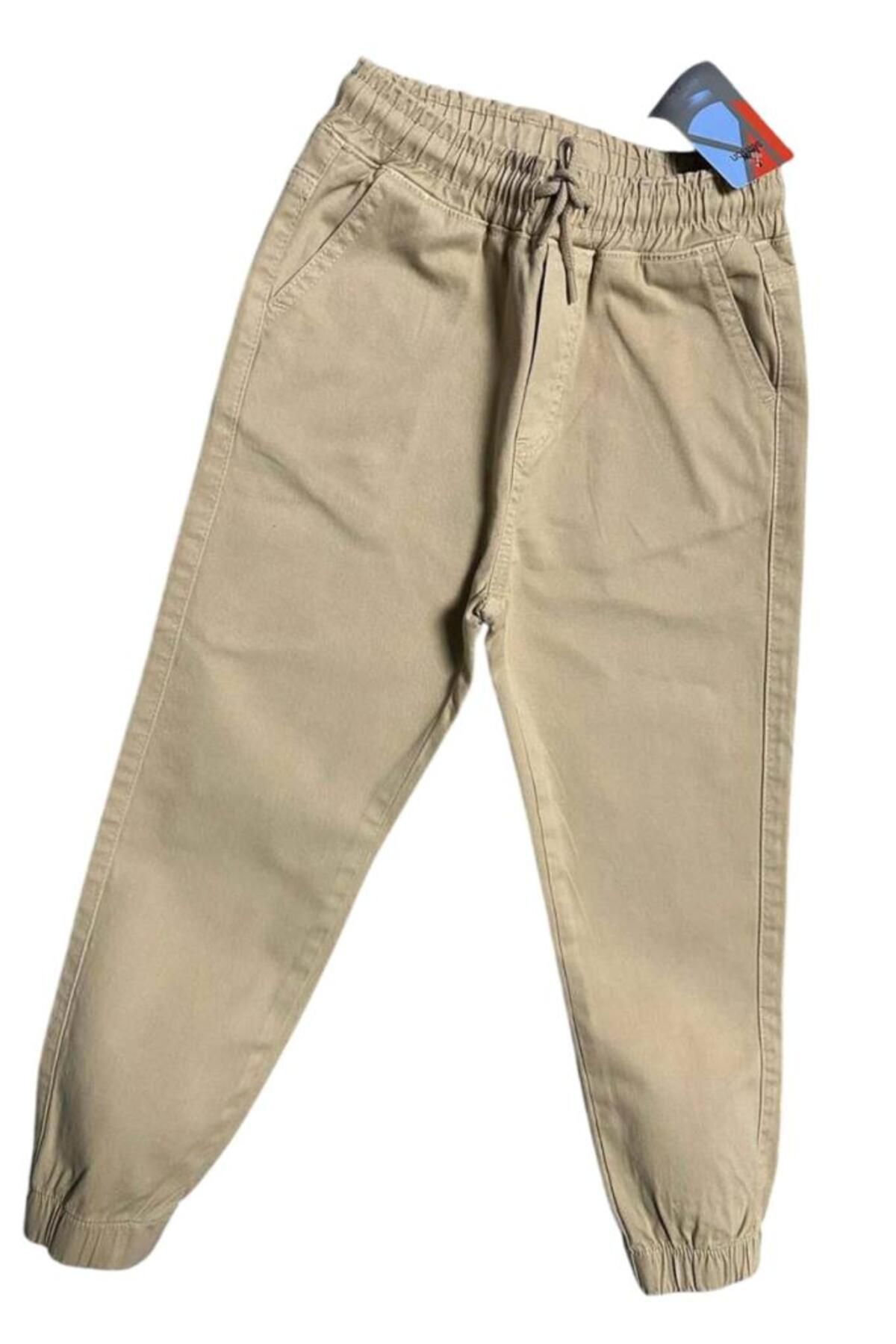 Riccotarz-Boy's Elastic Waist Rope Detailed Gabardine Jogger Cream Jeans 5