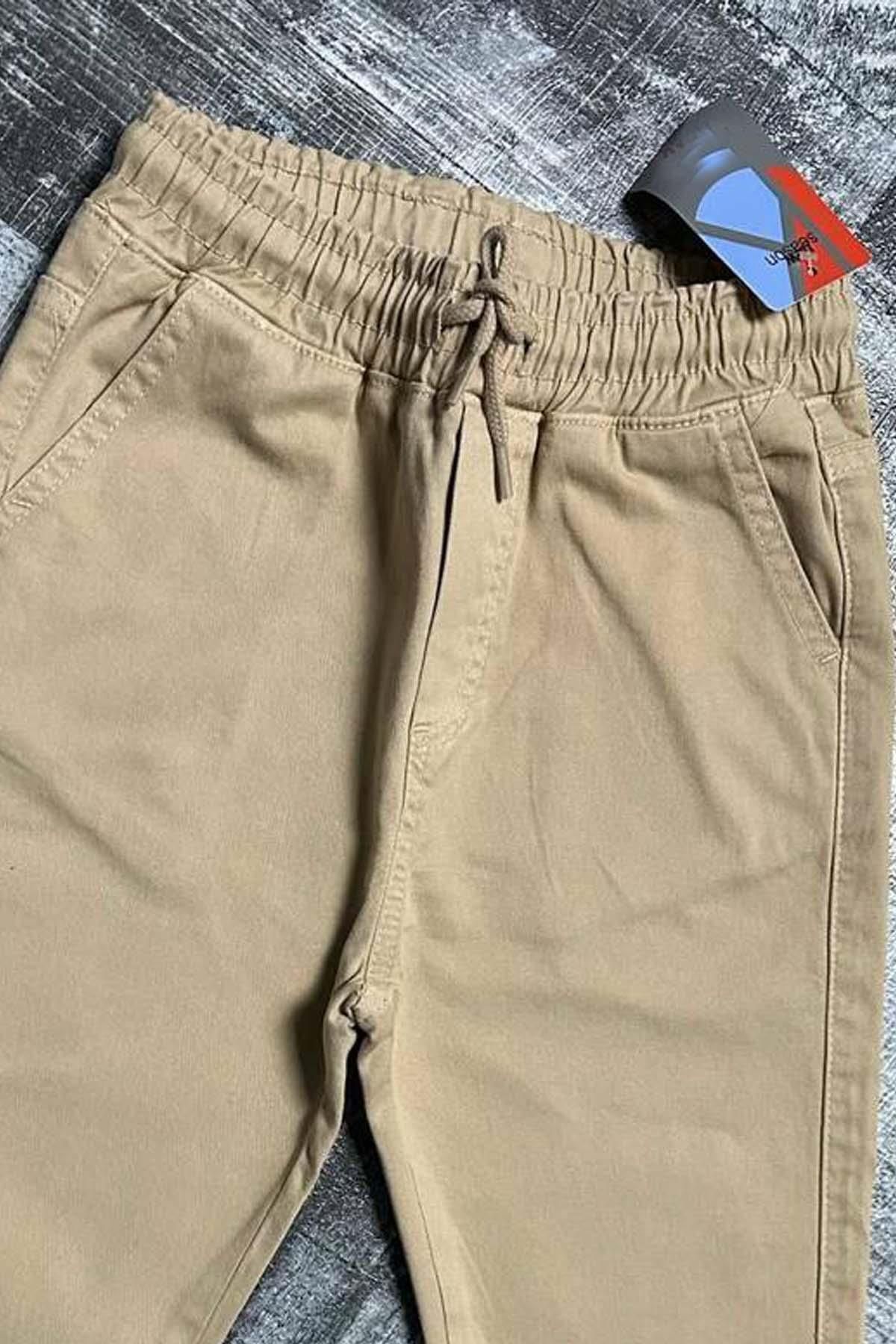 Riccotarz-Boy's Elastic Waist Rope Detailed Gabardine Jogger Cream Jeans 2