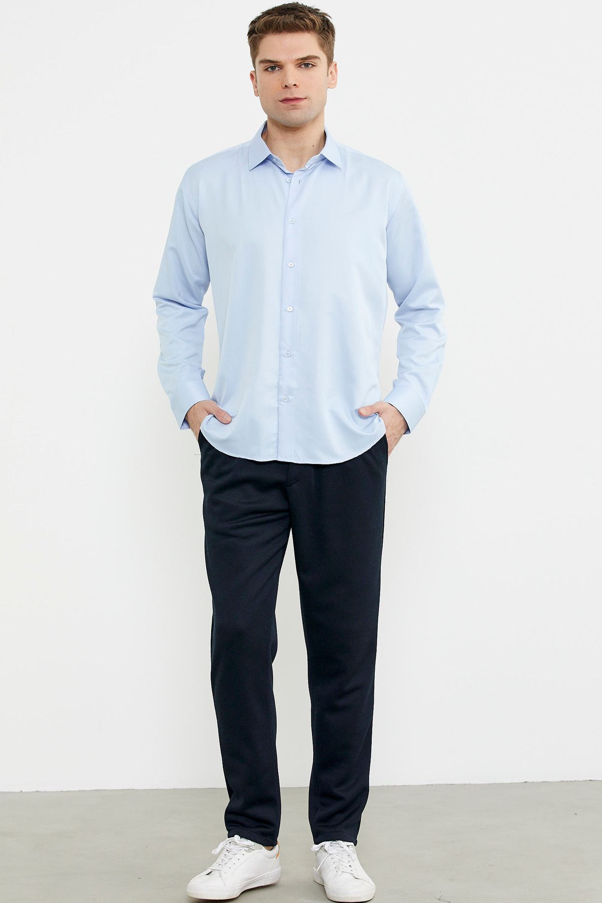 Sementa-Elastic Waist Trousers with Side Pockets - Navy Blue 3