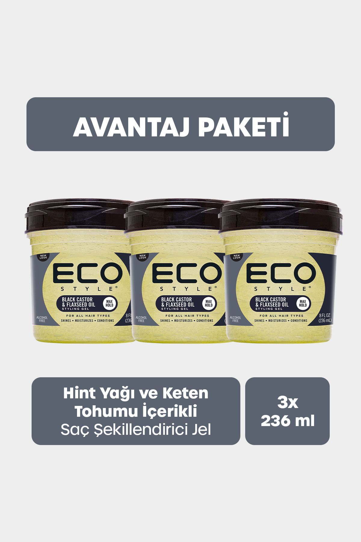 ECO STYLE Siyah Hint ve Keten Tohumu Yağı Saç Jölesi 3x236 Ml Black Castor Oil Styling Gel