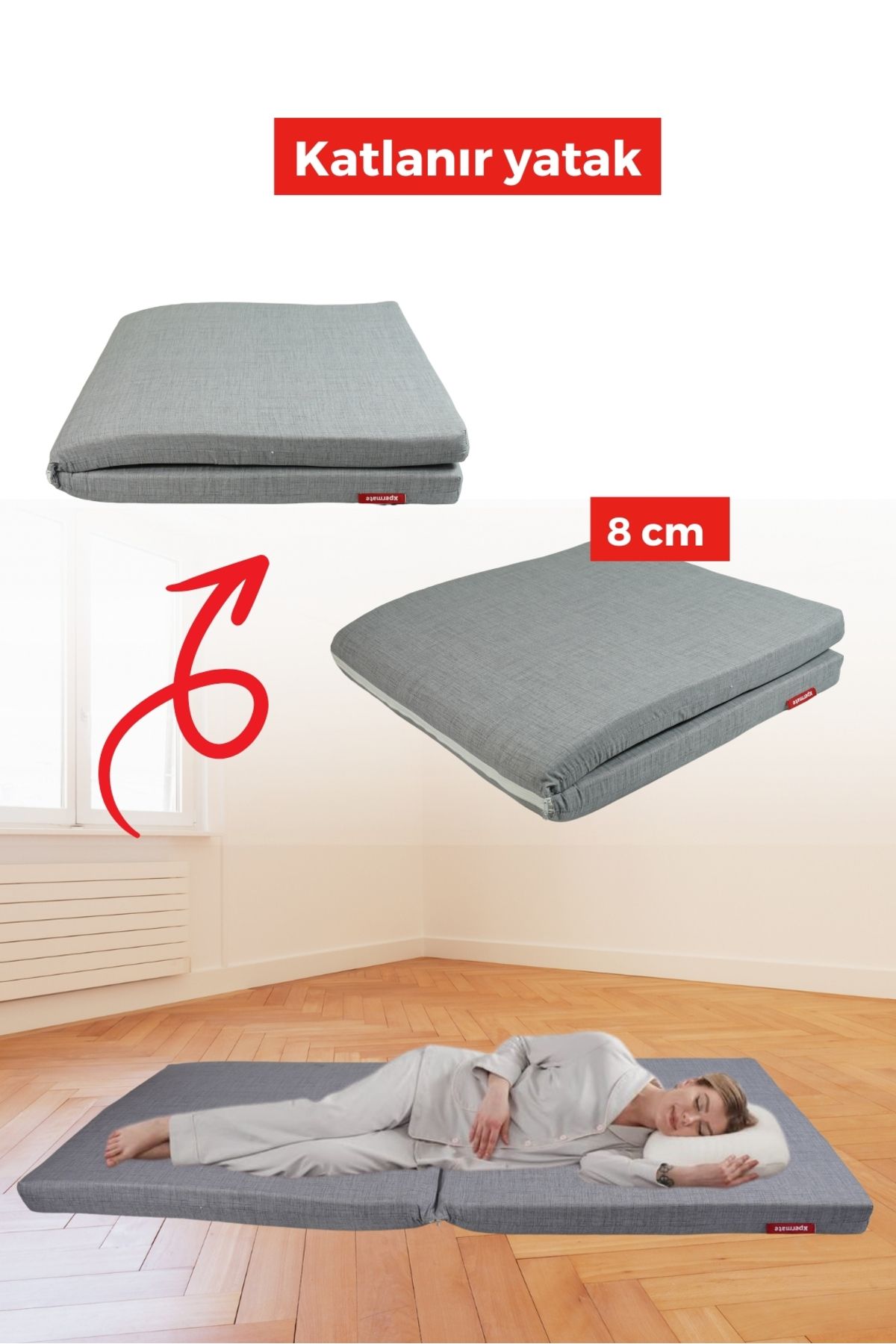 XPERMATE Kamp Yatağı Katlanır Yatak Yer Yatağı Kamp Matı 80x180x8 Gri 2YKTLNR