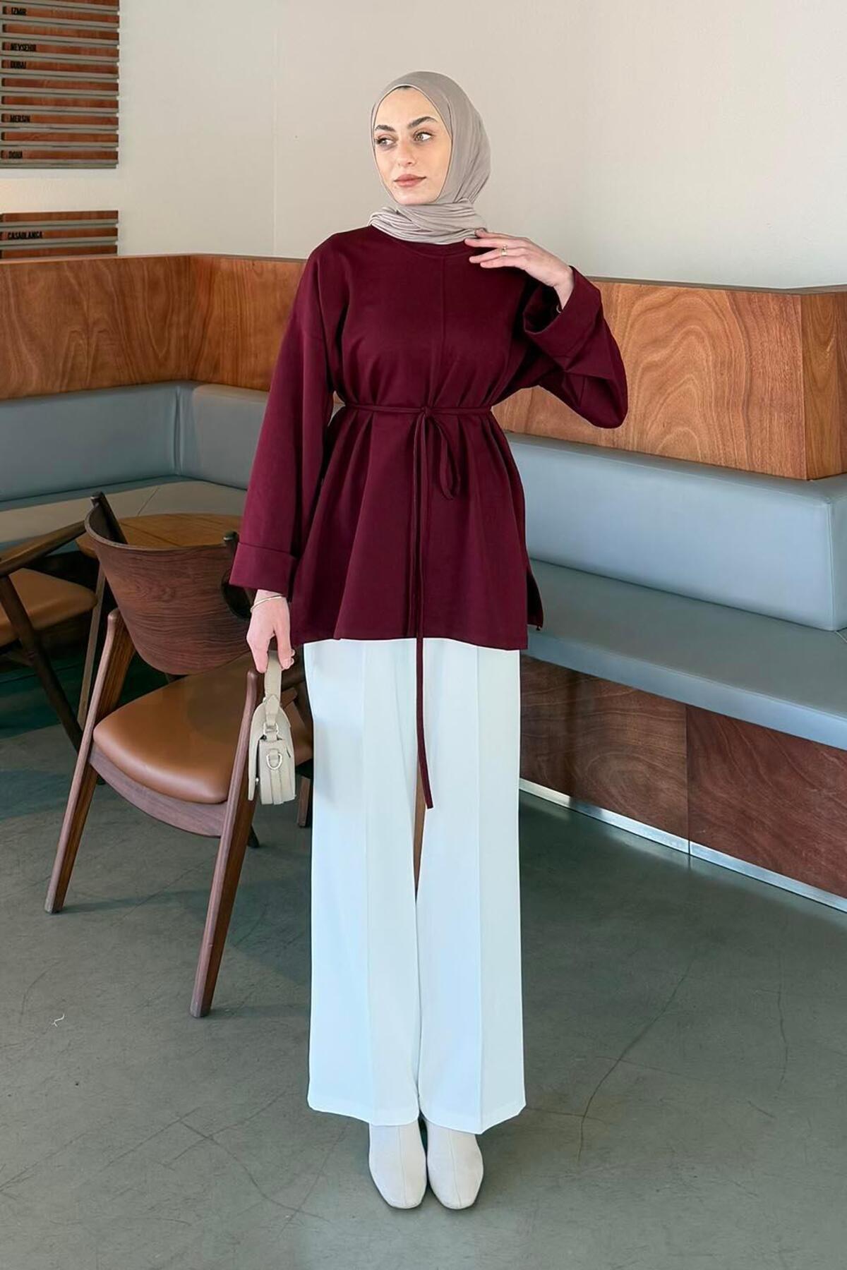 Lamelif  Yırtmaç Detaylı Sweat Bordo