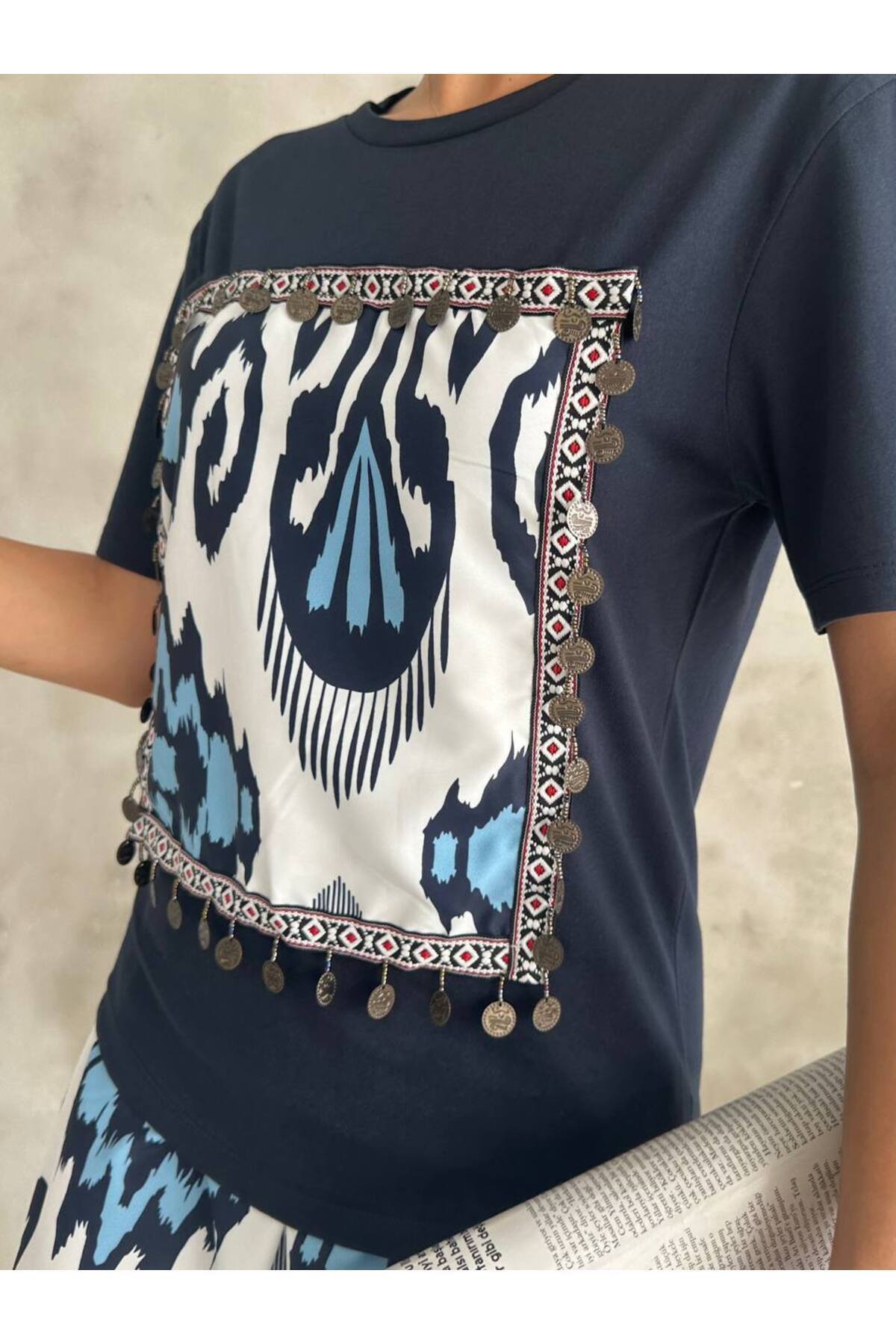Cistern İstanbul-Women's Navy Blue Ethnic Patterned Blouse Skirt Double Set 3