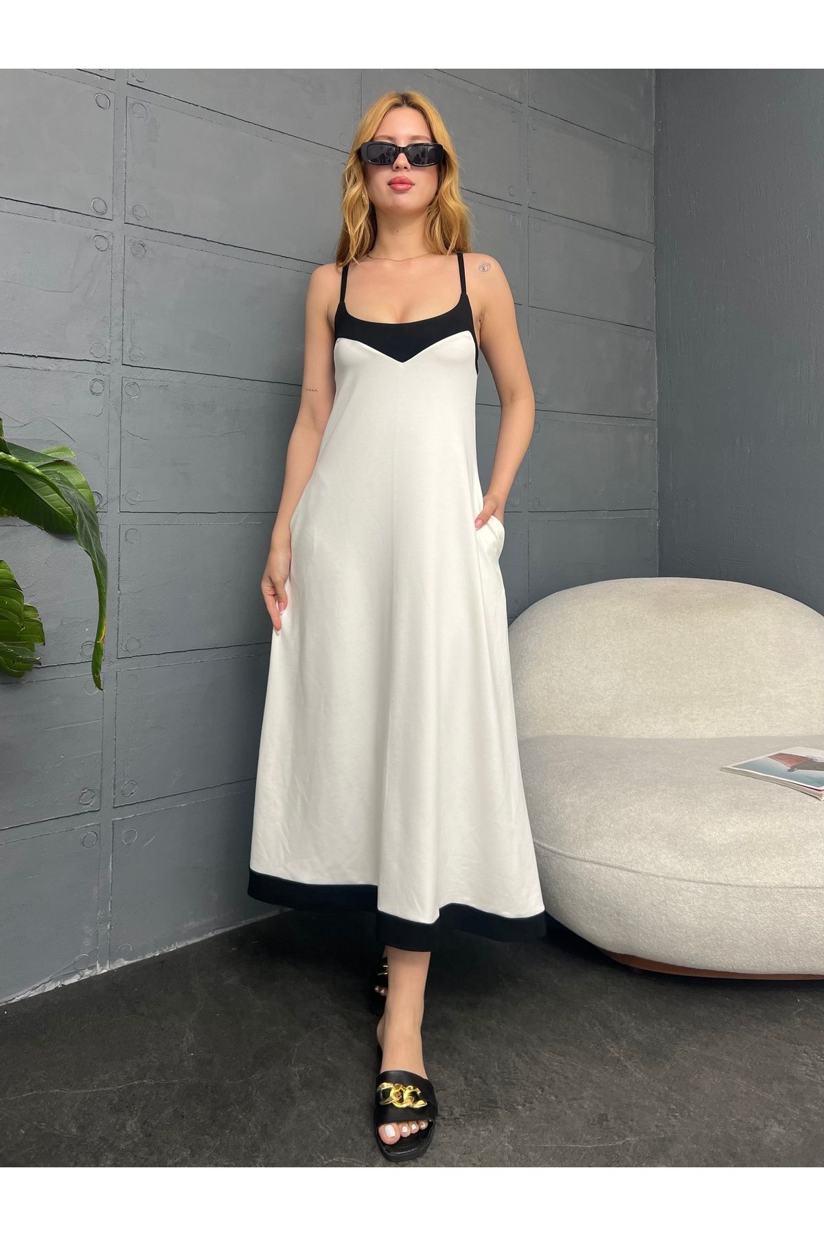 Cistern İstanbul-Rochie lungă de vară cu bretele albe de damă 2