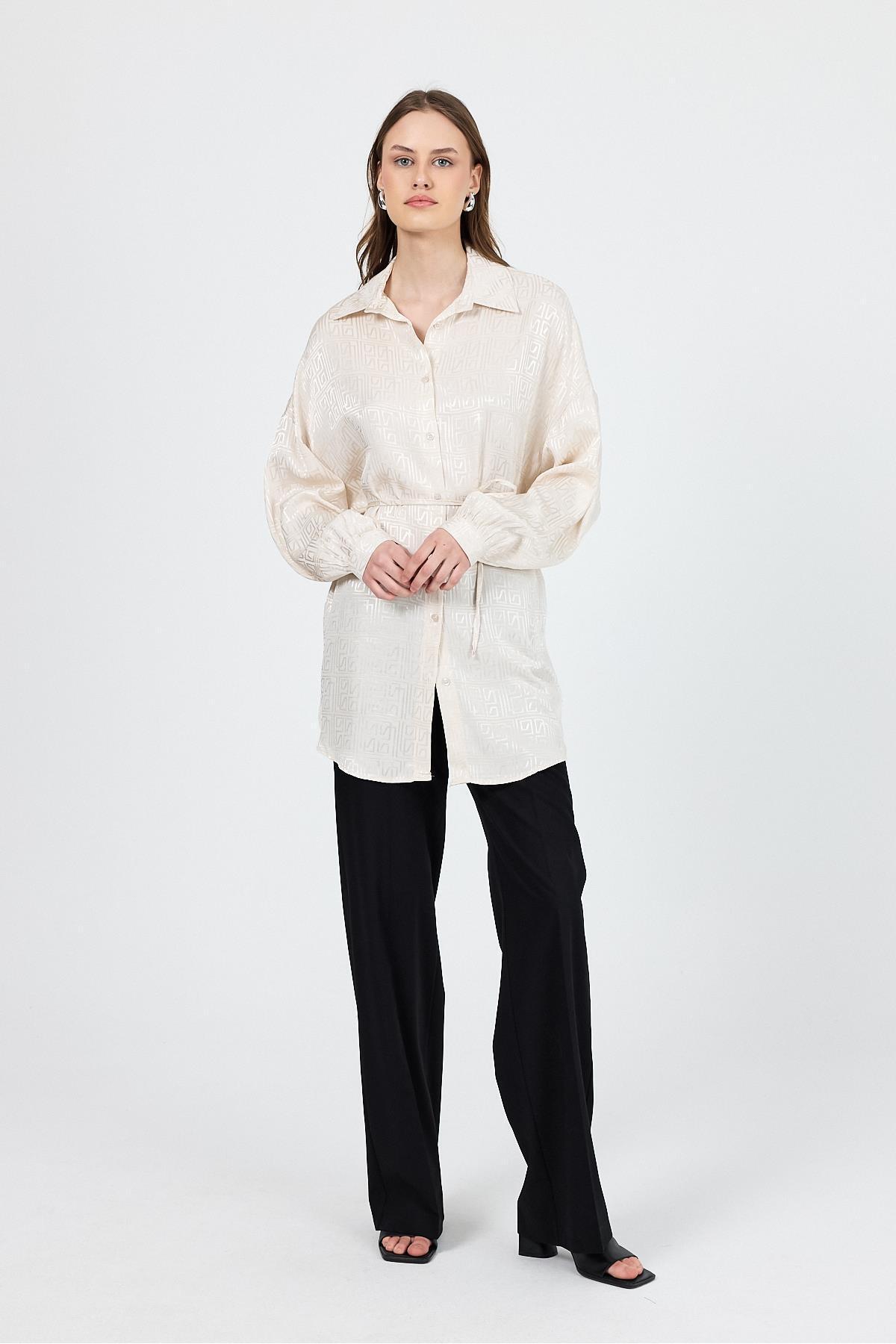 Rays-Stone Patterned Satin Look Rope Lacing Detailed Shirt 4293A 8