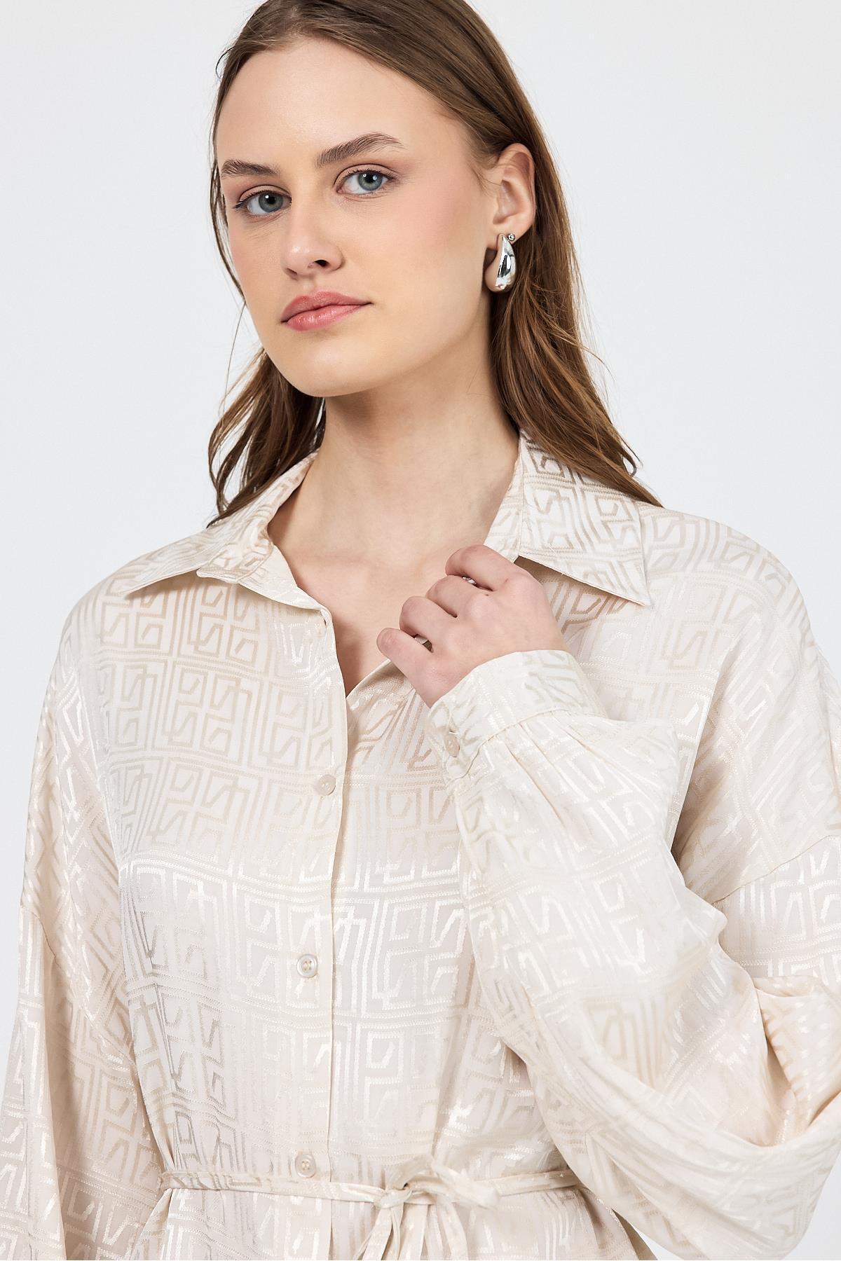 Rays-Stone Patterned Satin Look Rope Lacing Detailed Shirt 4293A 4
