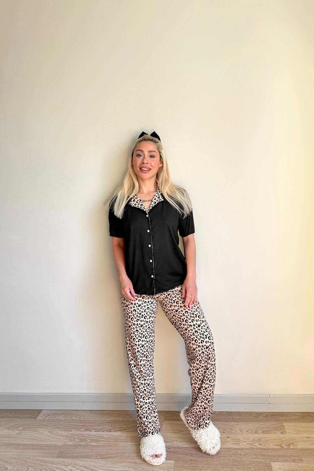 Pijamaevi-Black Pars Patterned Bamboo Front Buttoned Short Sleeve Pajama Set 5