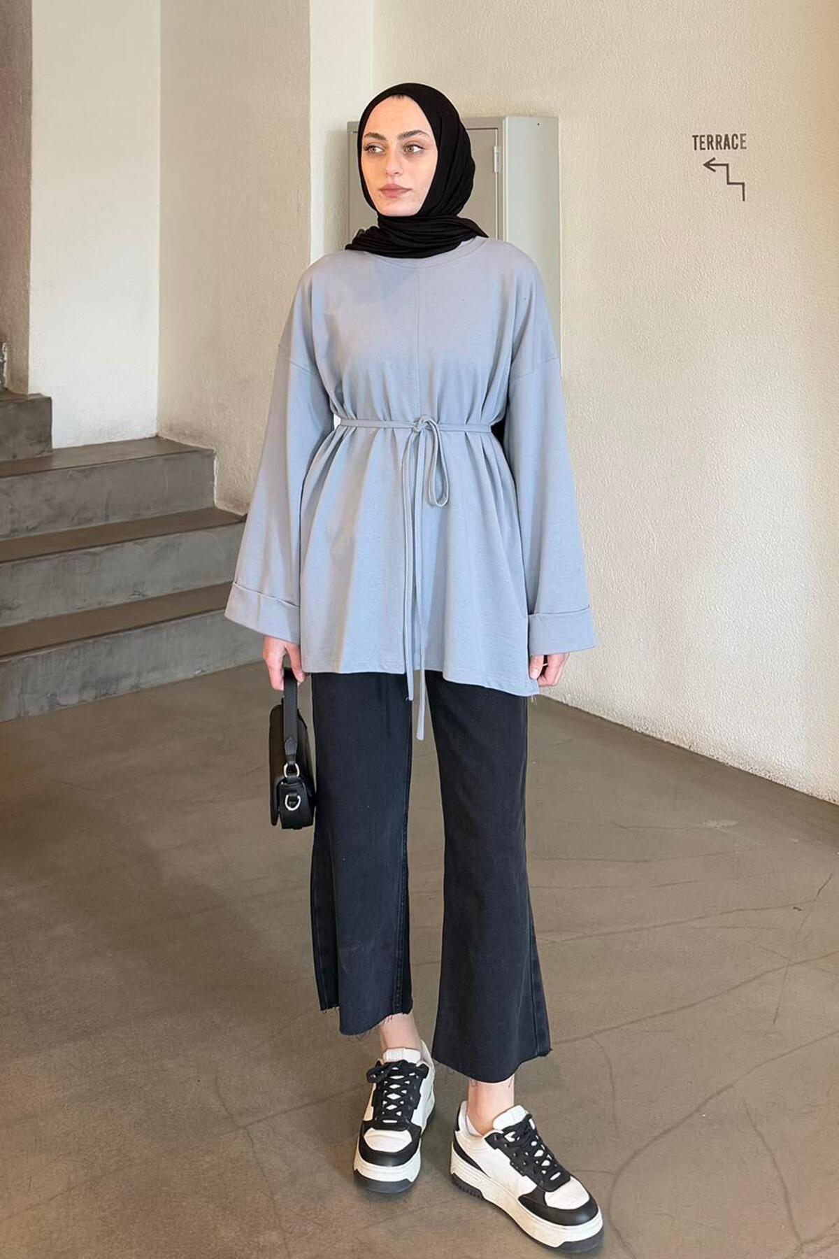 lamelif Yırtmaç Detaylı Sweat Gri