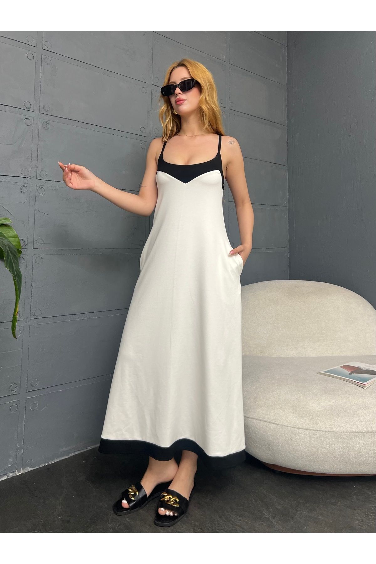 Cistern İstanbul-Rochie lungă de vară cu bretele albe de damă 4