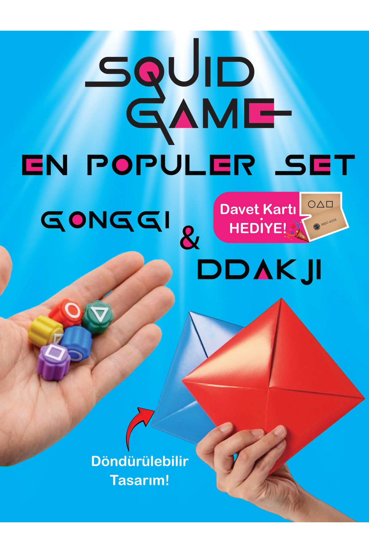 GiginGo Squid Game EN SEVİLEN OYUN SETİ - 5 Taş Gonggi Oyunu & Ddakji Kart Çevirme Oyunu