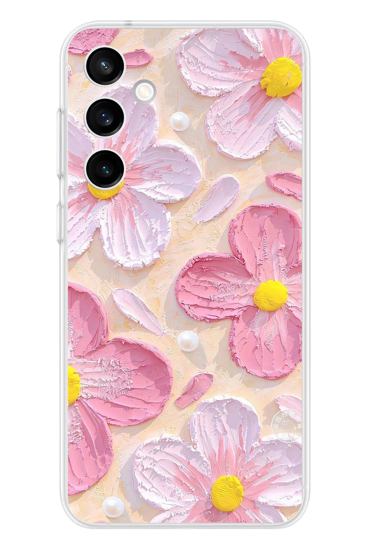 TechTree Samsung Galaxy S23 Fe Uyumlu Pembe Beyaz Çiçekler Sulu Boya Şeffaf Silikon Kılıf
