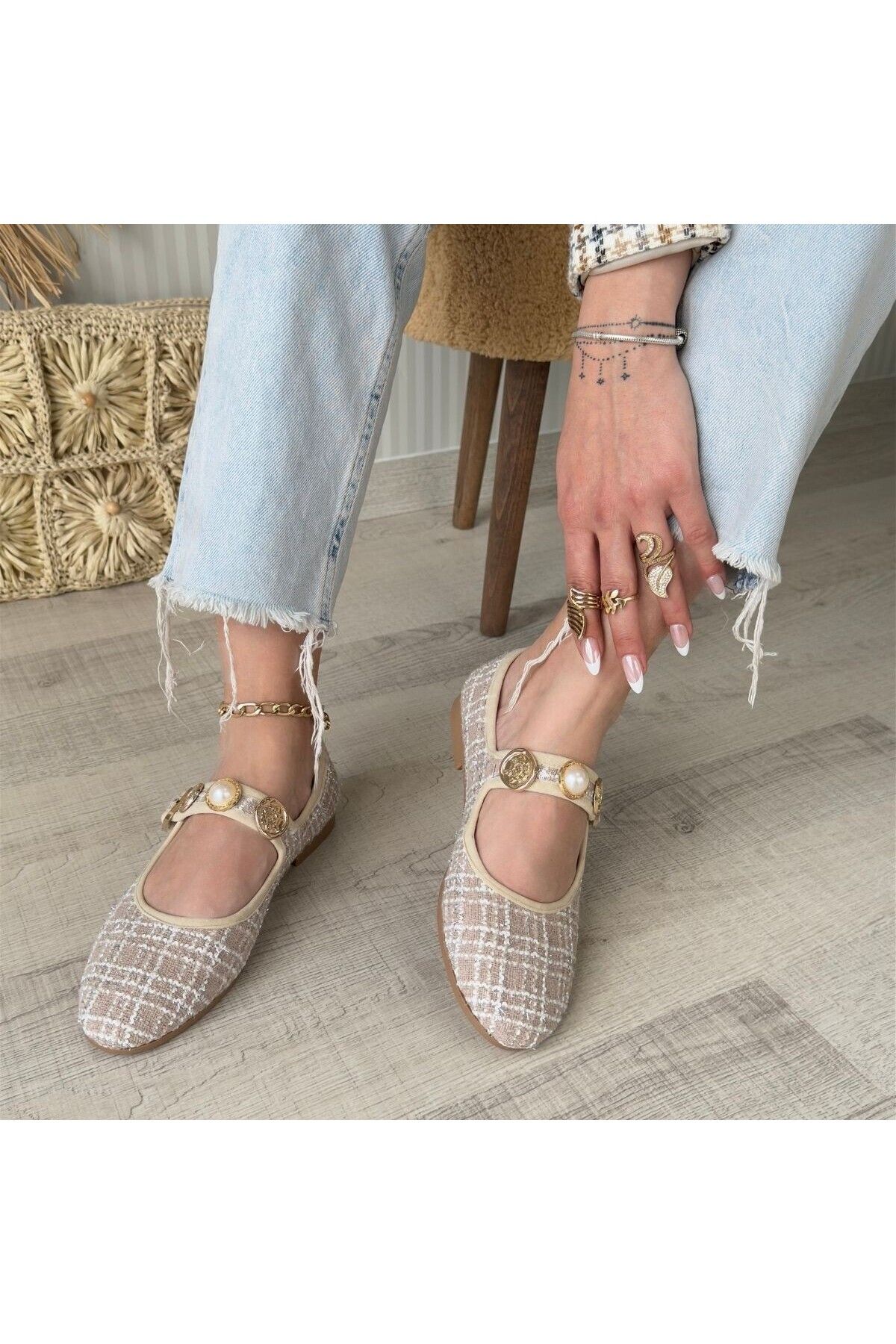 Modafiks-Hante Beige Linen Stone Babet Shoes - Lisinya 3