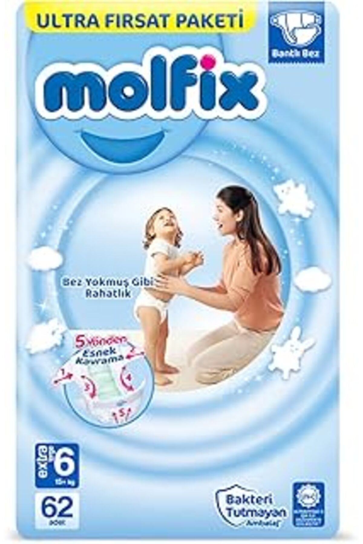 Mu Art Ahşap Molfix Ultra Fırsat Paketi Extra Large 6 Beden Bebek Bezi (1 X 62 ADET), Çok Renkli