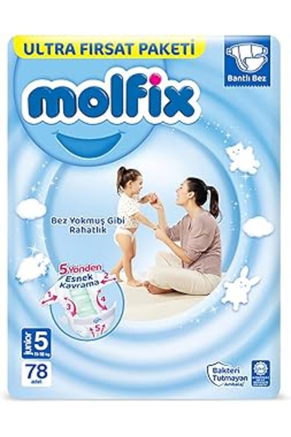 Mu Art Ahşap Molfix Bebek Bezi 3D Junior 5 Beden Aylık Paket 78 Adet, Beyaz