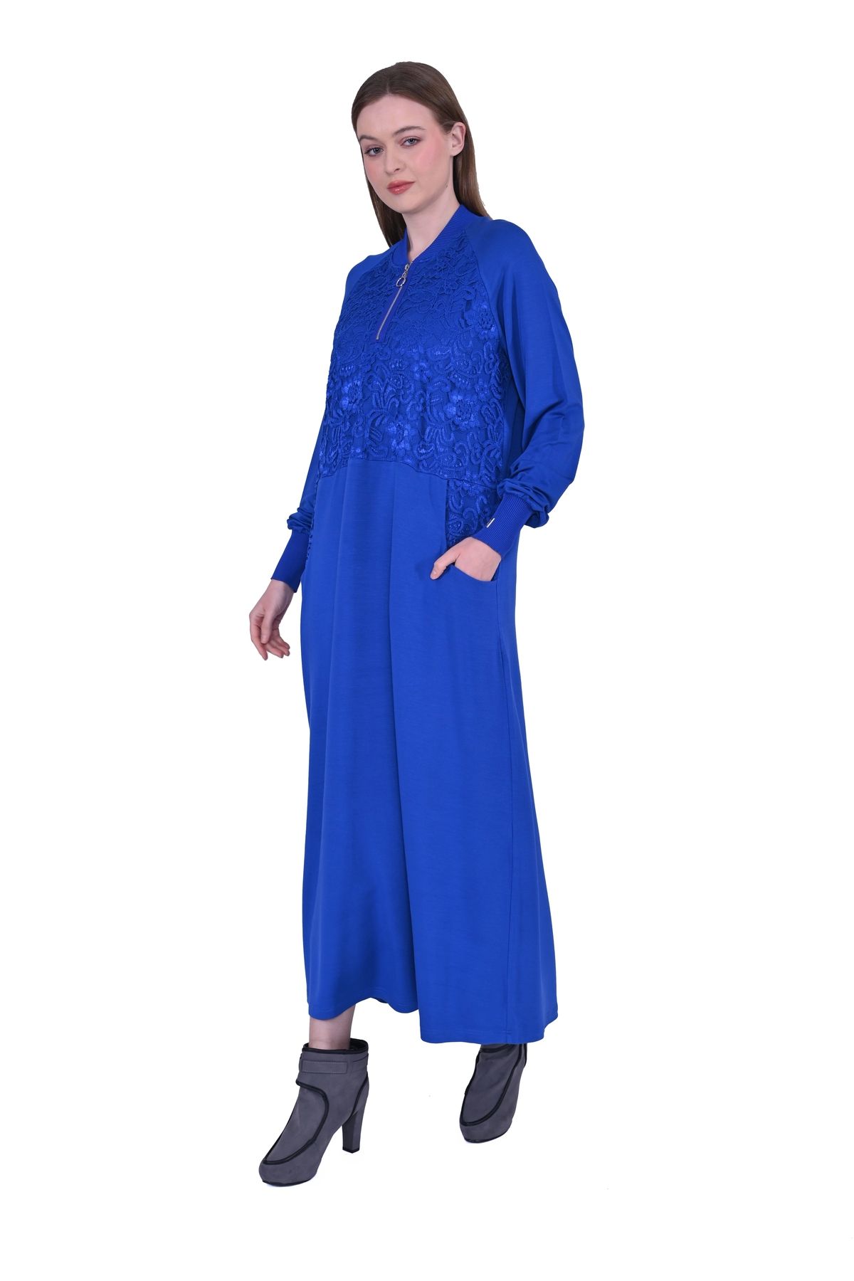 Invee-Invee 6877 Lace Detailed Two Yarn Dress - Sax 2