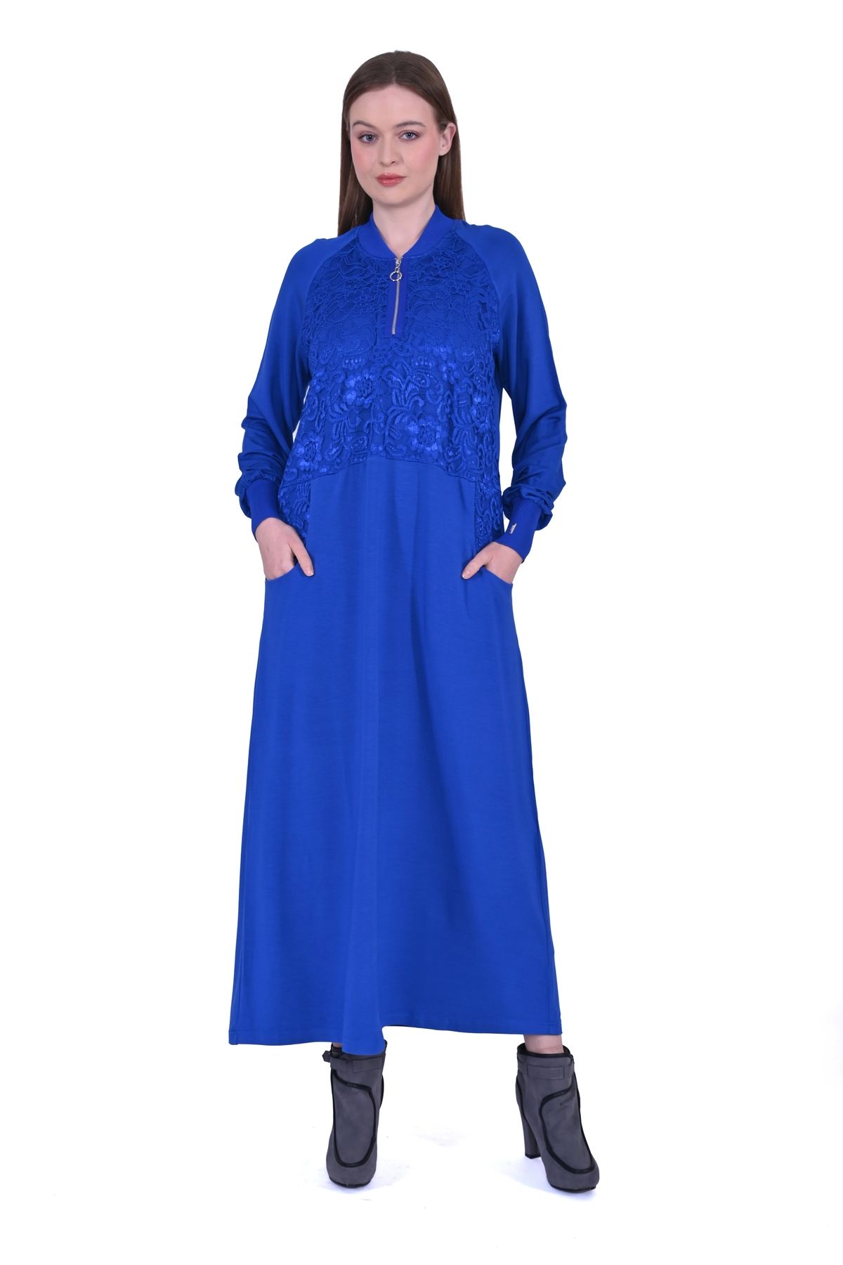 Invee-Invee 6877 Lace Detailed Two Yarn Dress - Sax 1