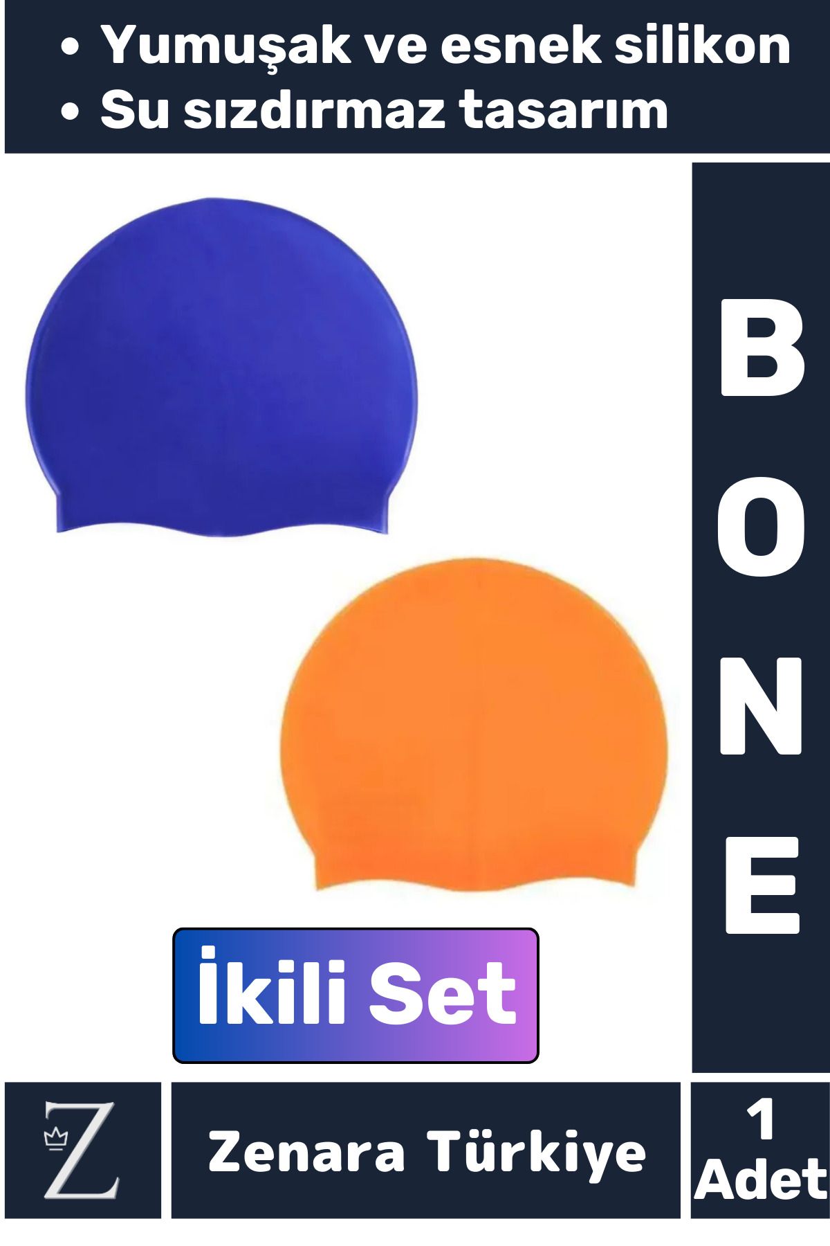 Zenara Premium Su Geçirmez Elastik Yumuşak Yüzücü Havuz Deniz Yüzme Şapkası Esnek Silikon Bone 2'Li SET