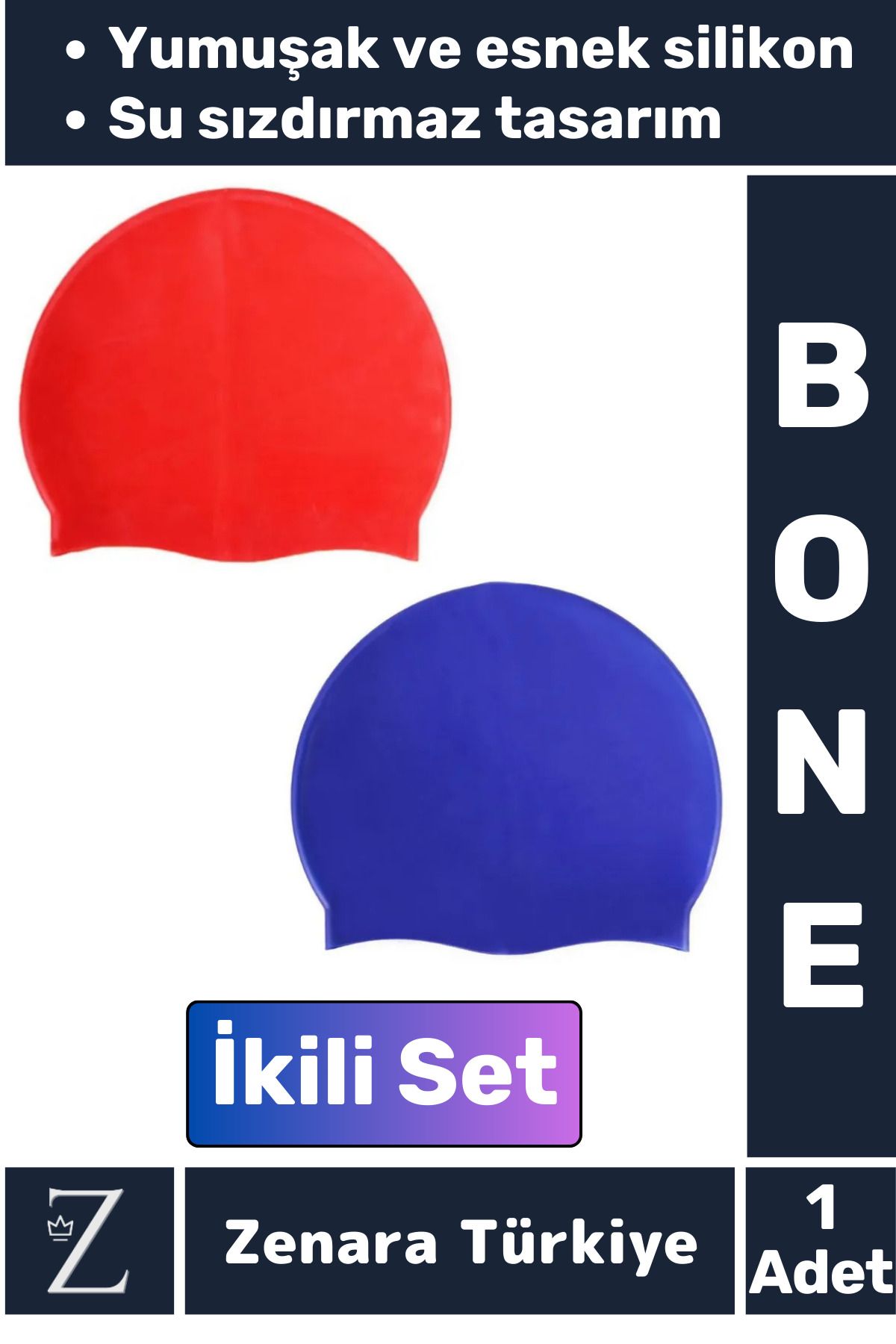 Zenara Premium Su Geçirmez Elastik Yumuşak Yüzücü Havuz Deniz Yüzme Şapkası Esnek Silikon Bone 2'Li SET