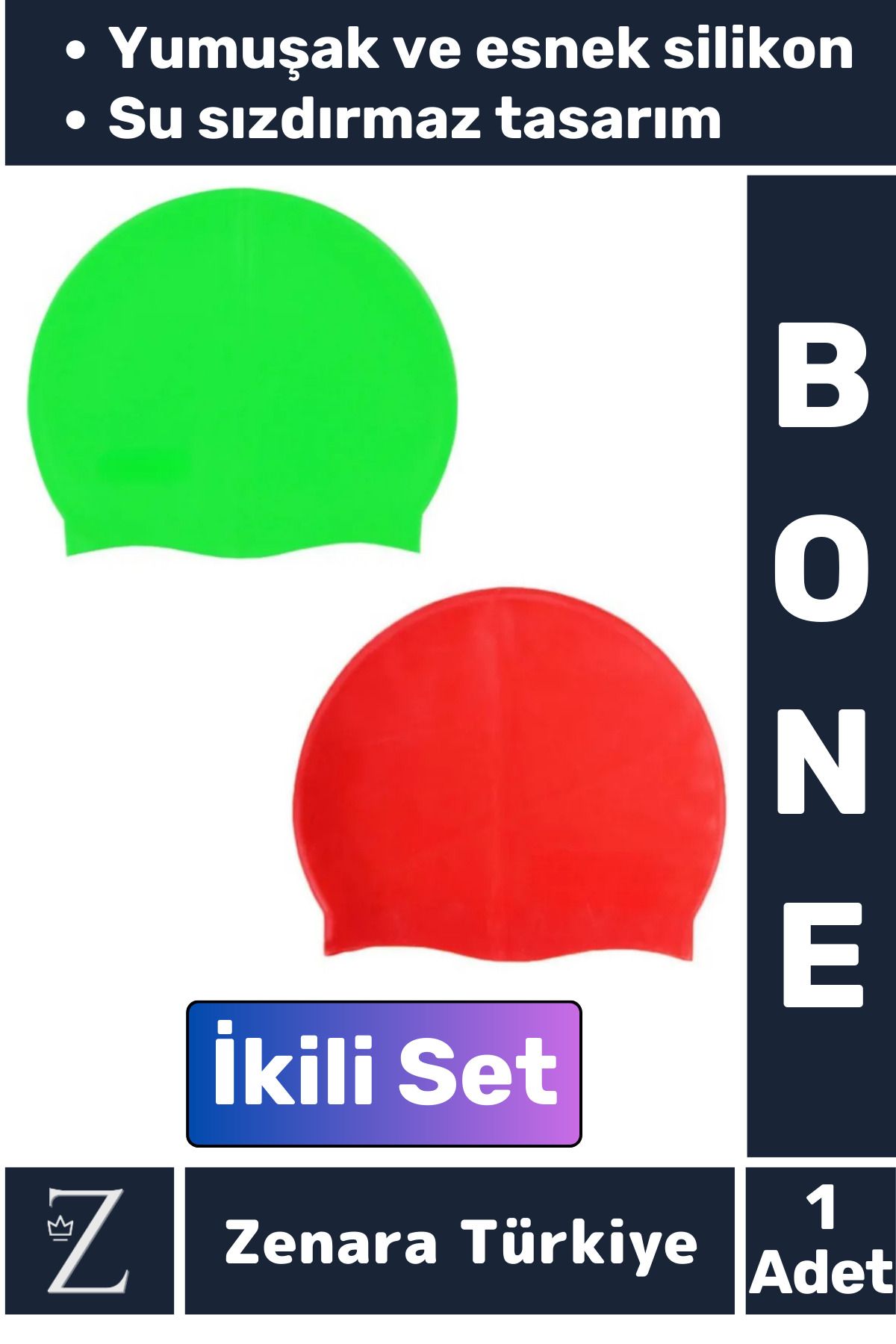 Zenara Premium Su Geçirmez Elastik Yumuşak Yüzücü Havuz Deniz Yüzme Şapkası Esnek Silikon Bone 2'Li SET