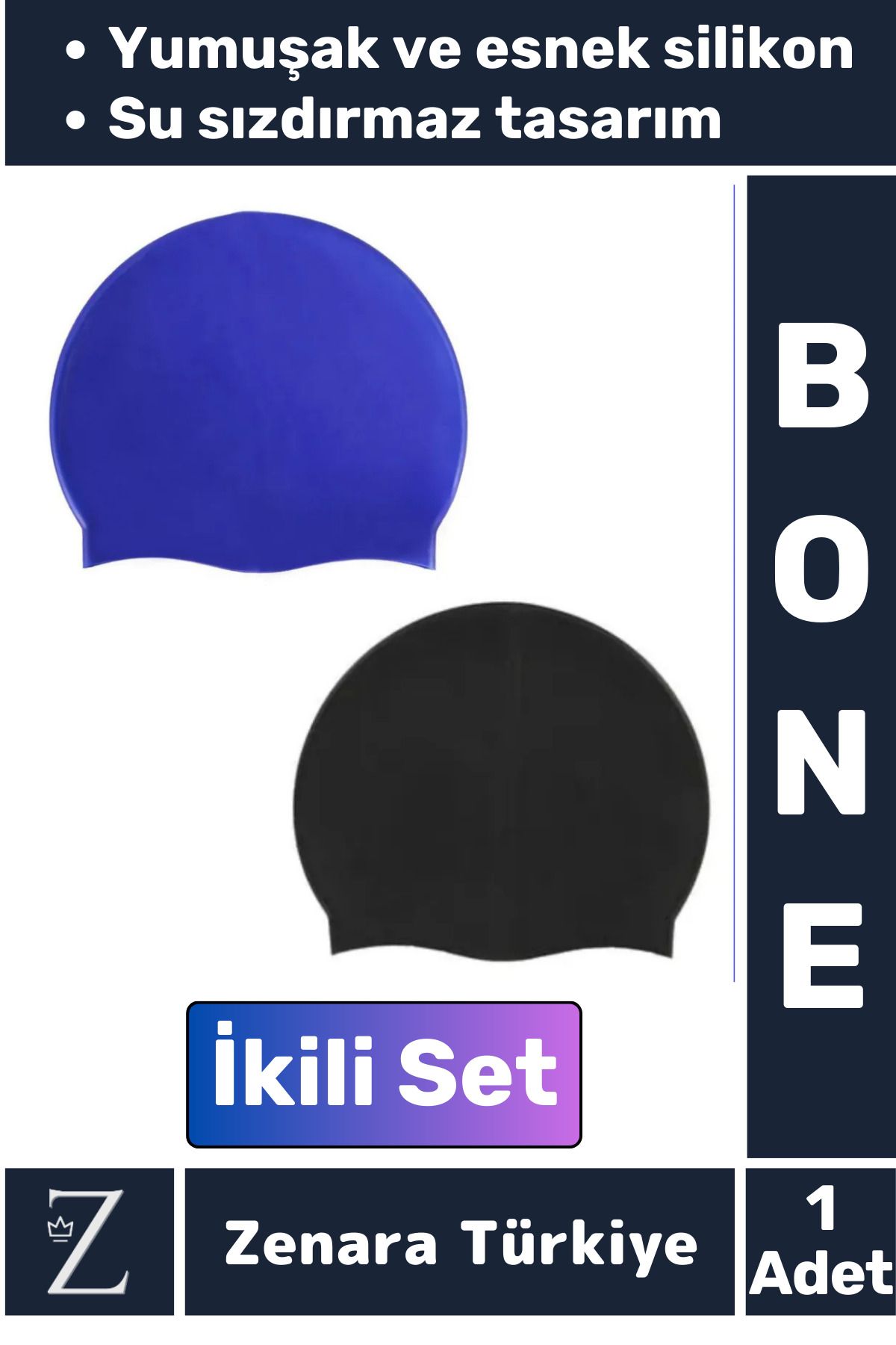Zenara Premium Su Geçirmez Elastik Yumuşak Yüzücü Havuz Deniz Yüzme Şapkası Esnek Silikon Bone 2'Li SET