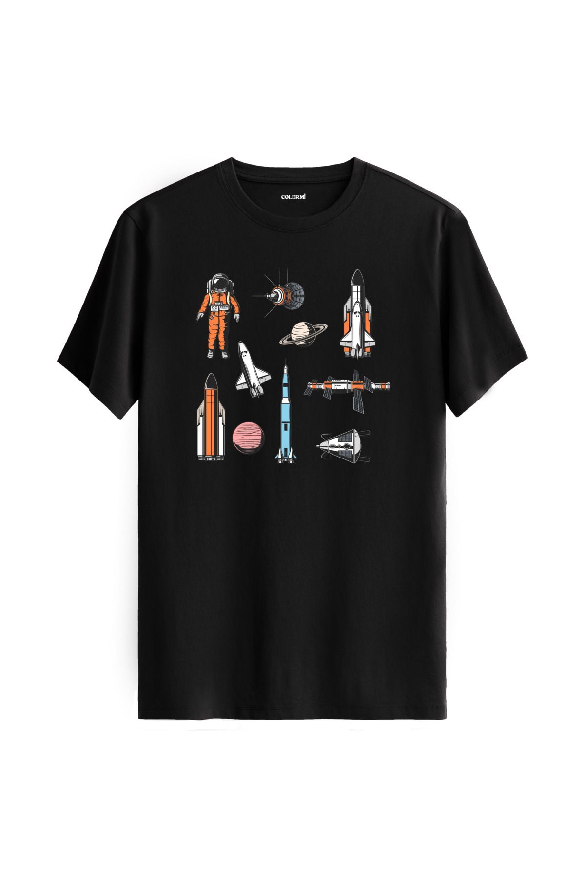 Colermi Uzay Temalı Astronot Baskılı Unisex %100 Pamuk Siyah Tshirt