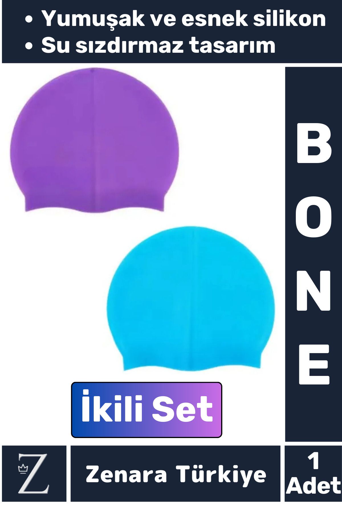 Zenara Premium Su Geçirmez Elastik Yumuşak Yüzücü Havuz Deniz Yüzme Şapkası Esnek Silikon Bone 2'Li SET