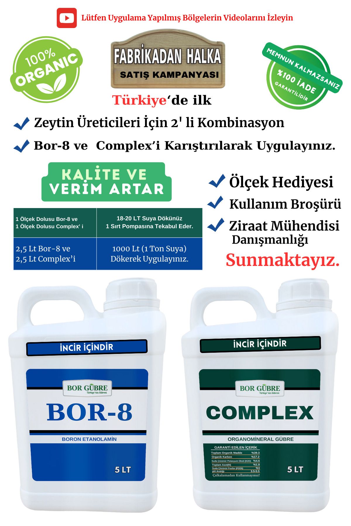 Bor Gübre İncir İçin Mikro Elementli Organik Gübre Complex- 5Lt ve Bor-8 5Lt Maksimum Kalite