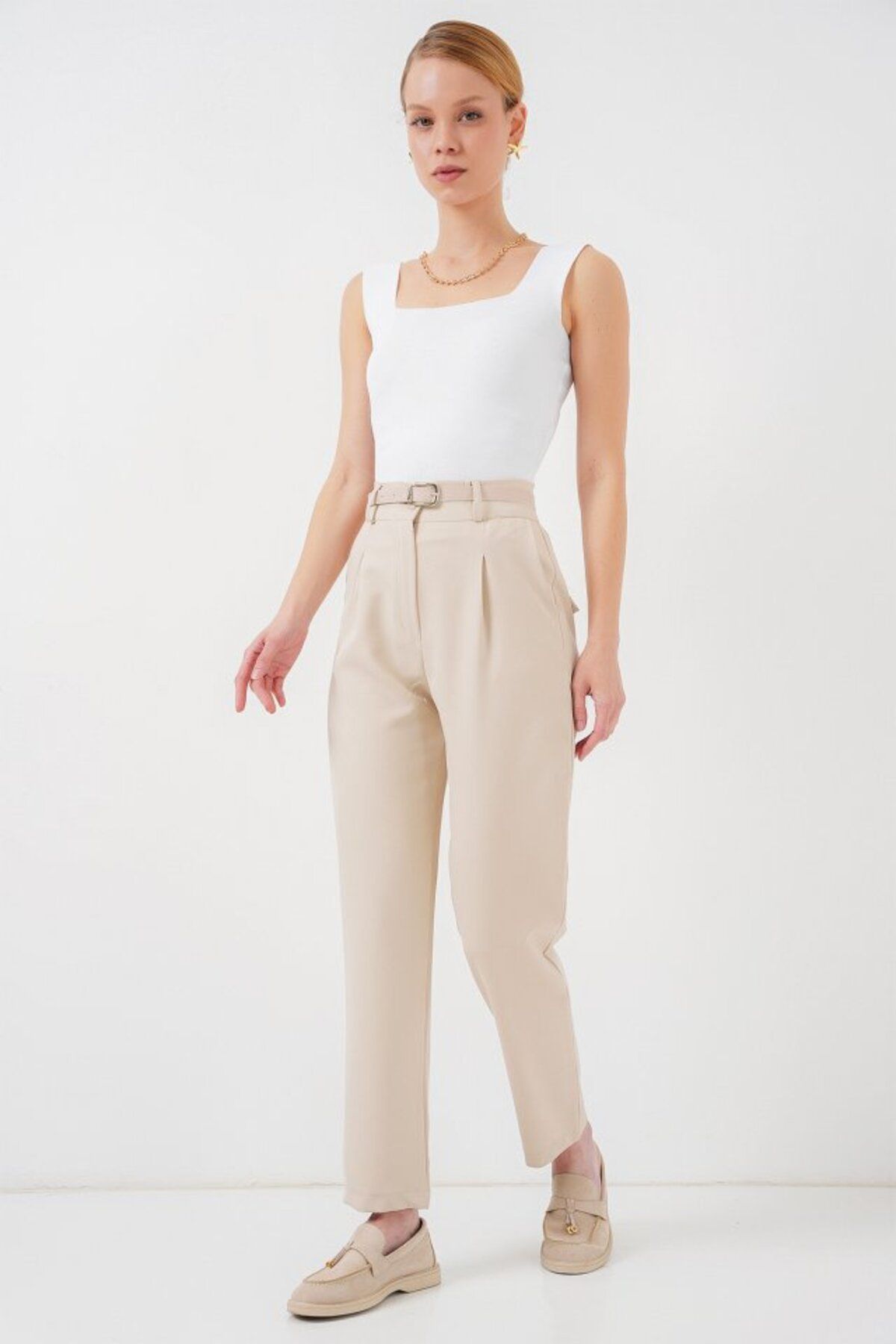 1001moda Pileli Kemerli Kumaş Pantolon 6725 - Krem