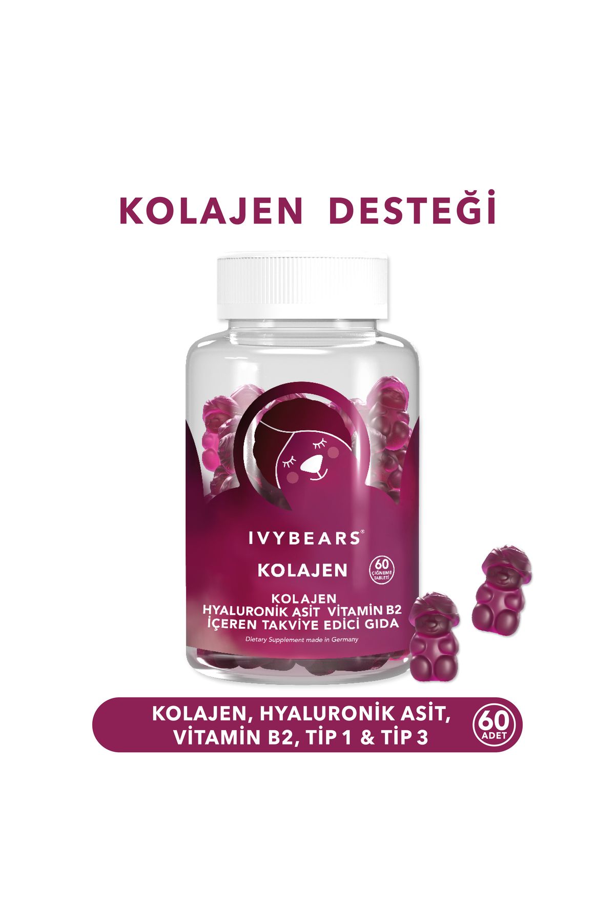 IvyBears Çiğnenebilir Kolajen, Tip 1, Tip 3, Hyaluronik Asit, Vitamin B2, 60 adet, 30 günlük
