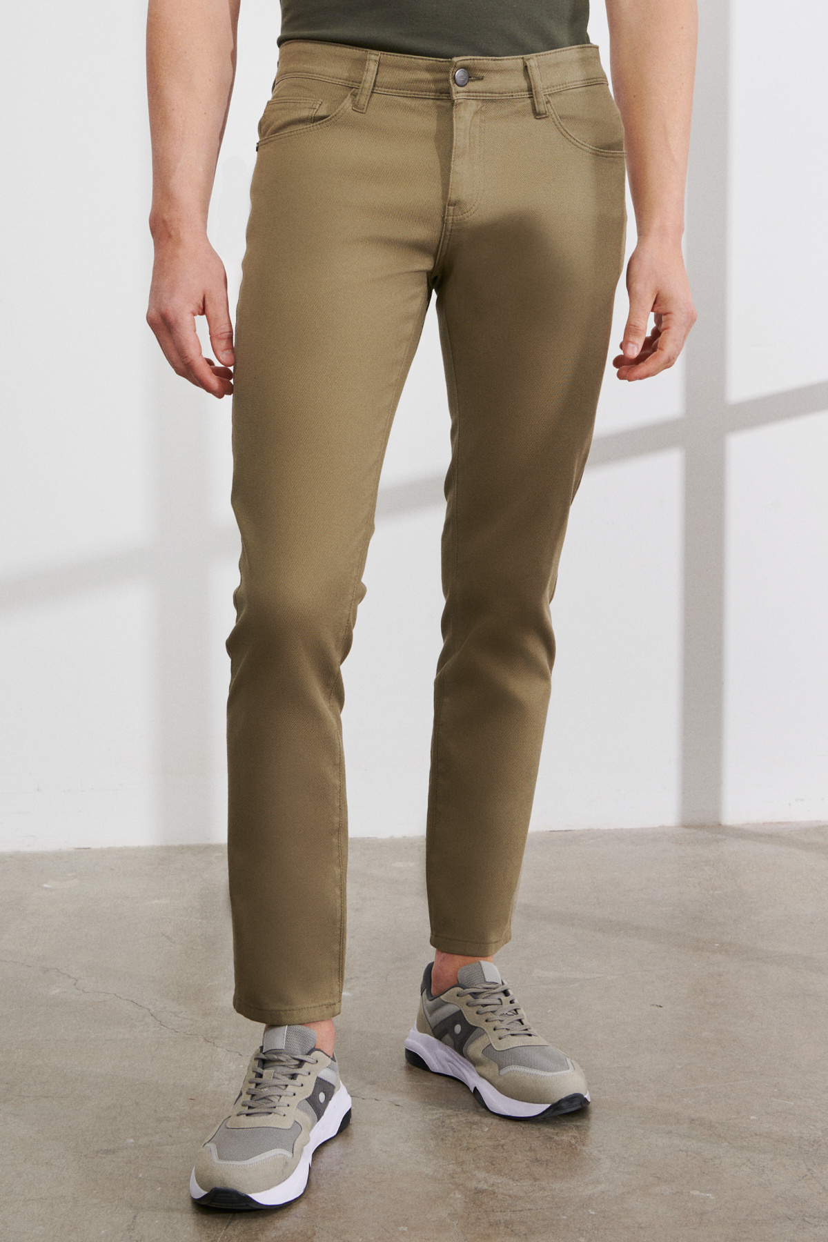 Erkek Yeşil Slim Fit Dar Kesim 5 Cep Armürlü Esnek Pantolon