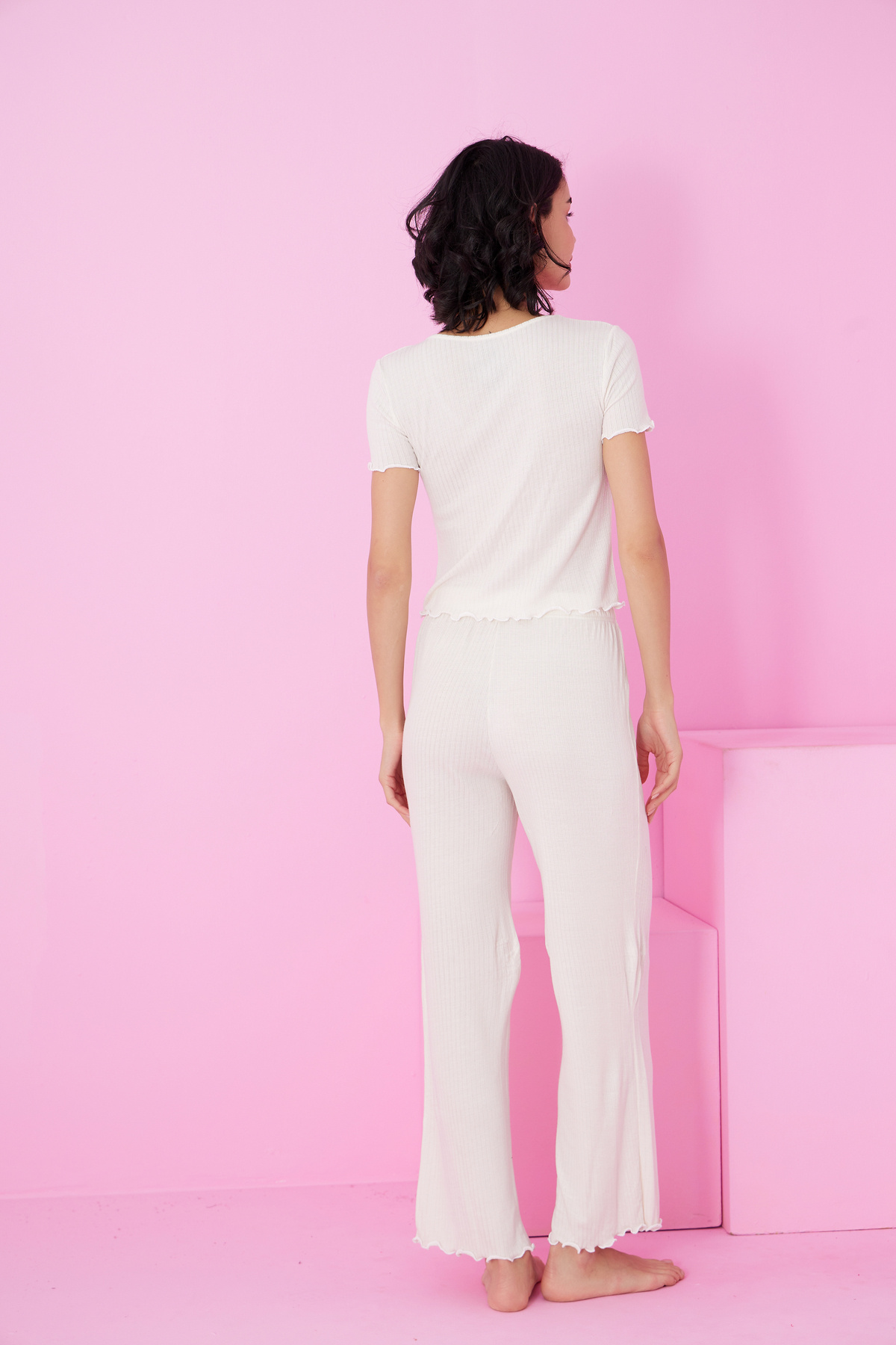 Siyah İnci ekru Soft Touch İnce Mevsimlik Örme Pijama Takım7869 görsel 3