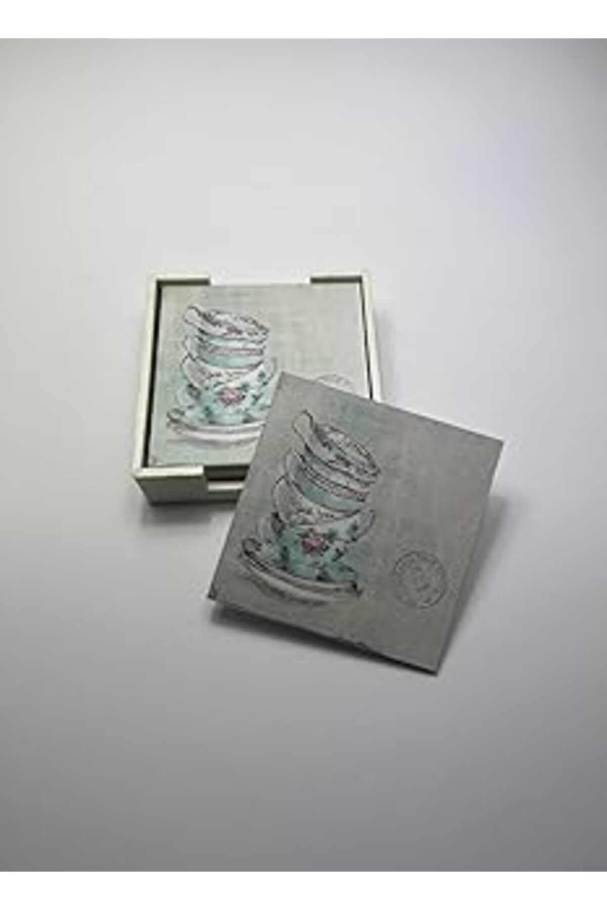 Pİ GLOBAL 6’Lı Ahşap Bardak Altlığı Seti (Kutulu - Vintage Fincan Desenli)