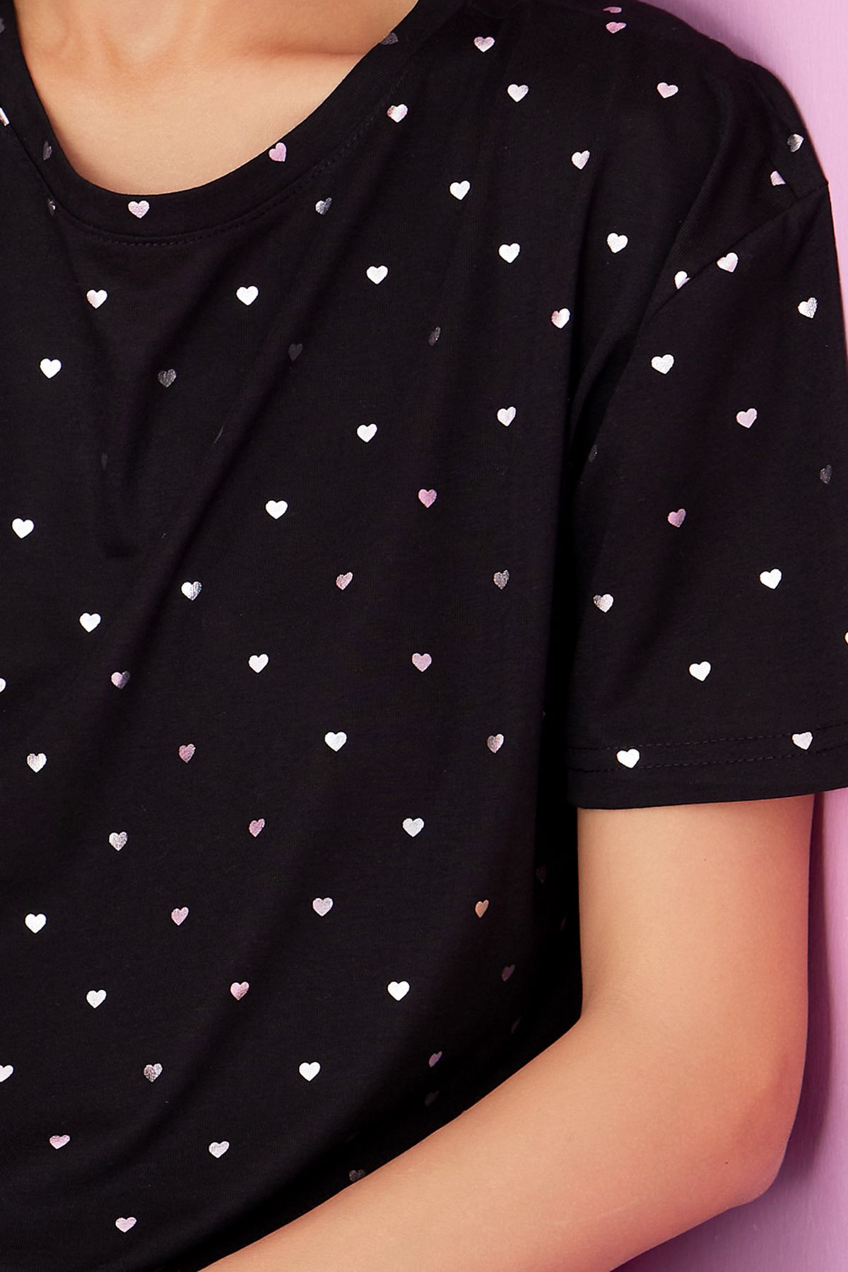 siyah kalp Varak Baskılı Örme Pijama Takım7845 - 4
