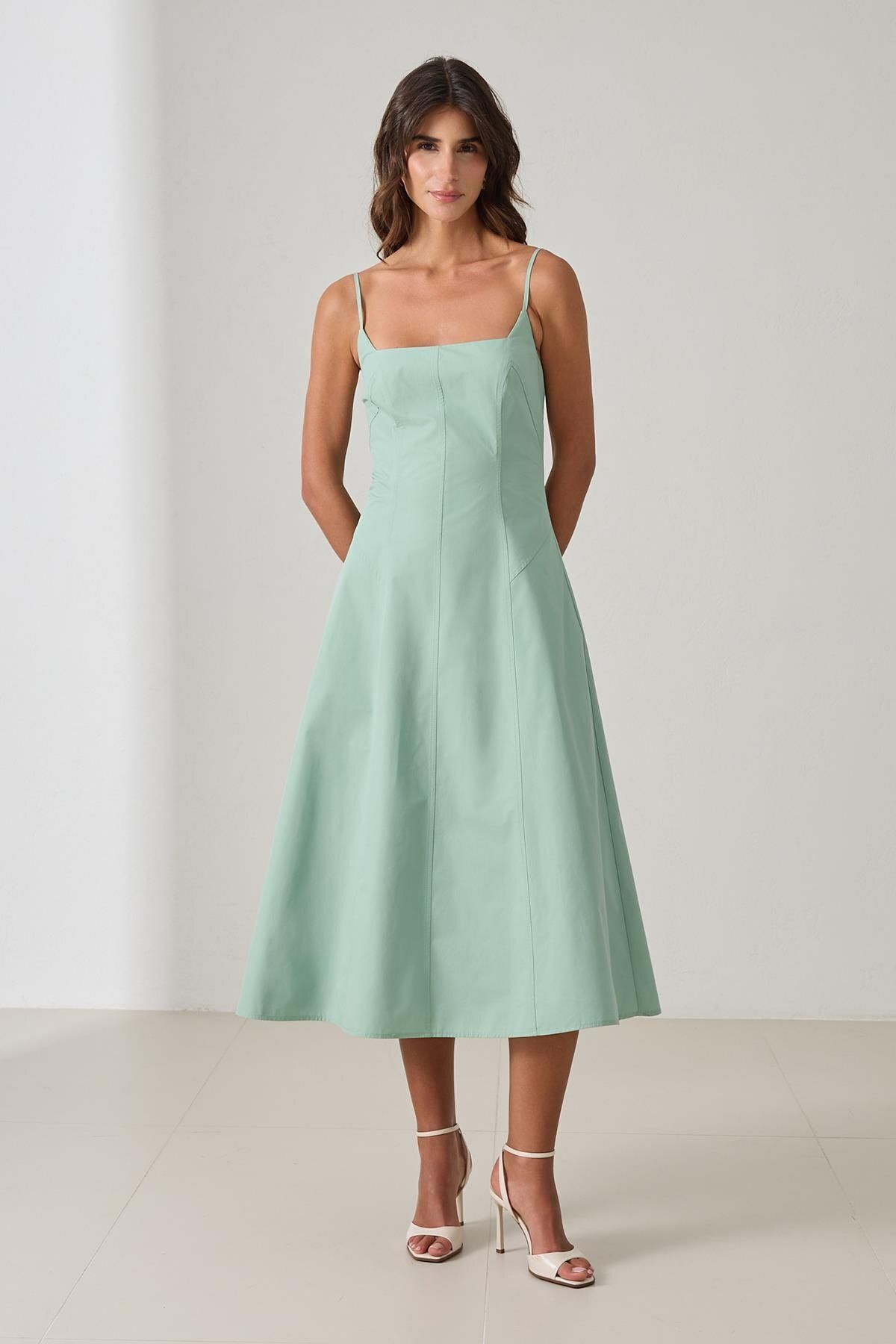 Setre-Mint 100% Cotton Strap Waist Fitted Midi Length Relaxed Cut Dress 2